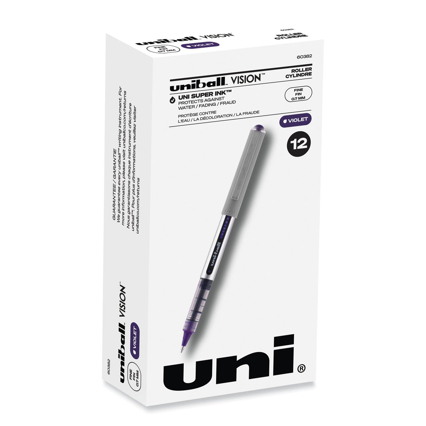 uni-ball VISION Roller Ball Pen, Stick, Fine 0.7 mm, Violet Ink, Silver/Violet/Clear Barrel, Dozen (60382)