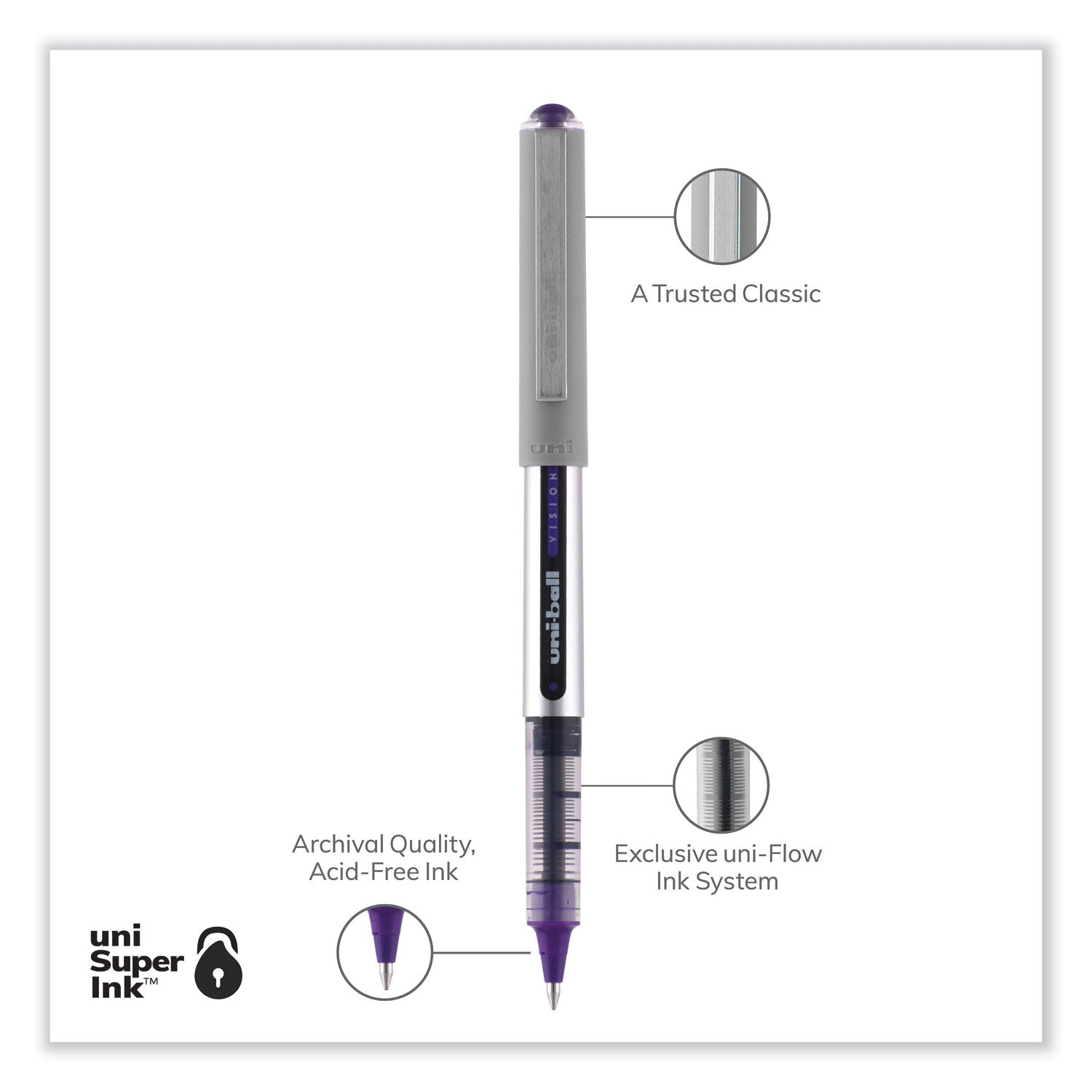 uni-ball VISION Roller Ball Pen, Stick, Fine 0.7 mm, Violet Ink, Silver/Violet/Clear Barrel, Dozen (60382)