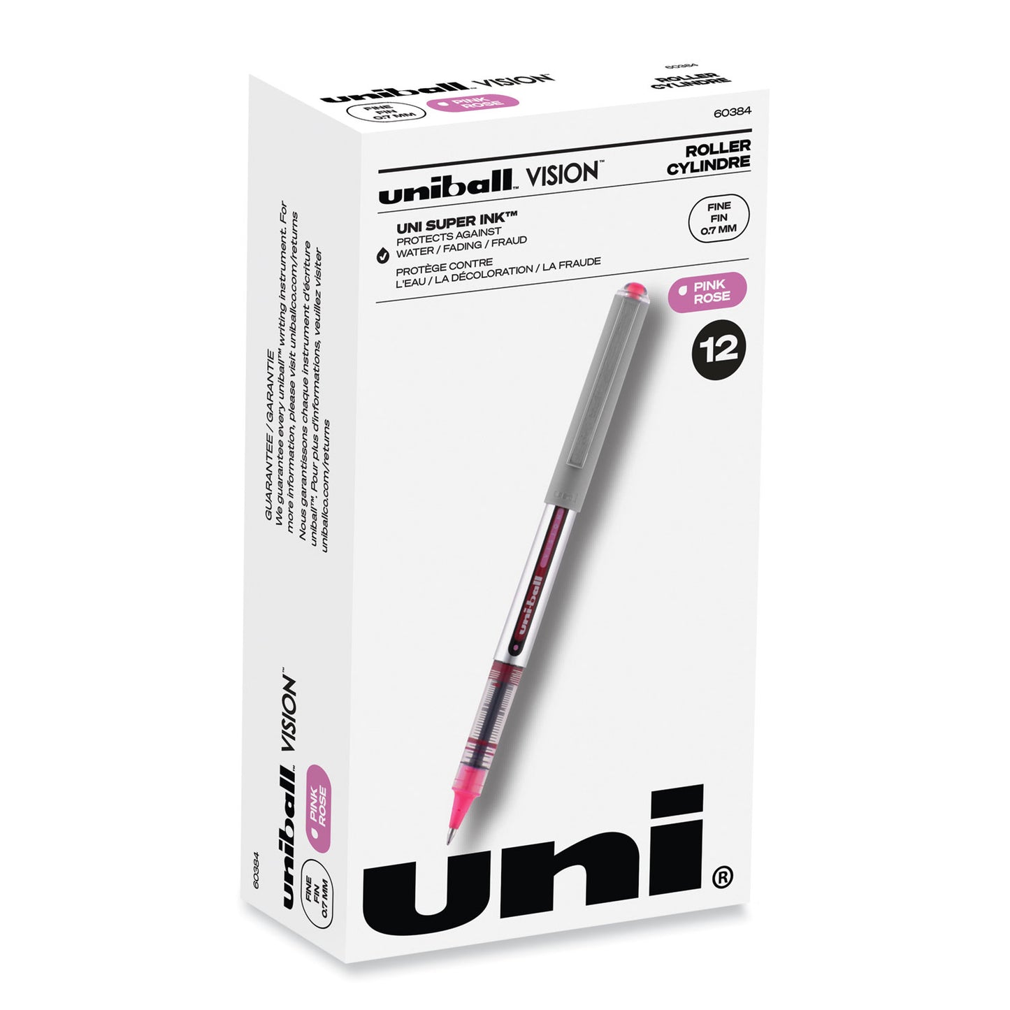 uni-ball VISION Roller Ball Pen, Stick, Fine 0.7 mm, Pink Ink, Silver/Pink/Clear Barrel, Dozen (60384)