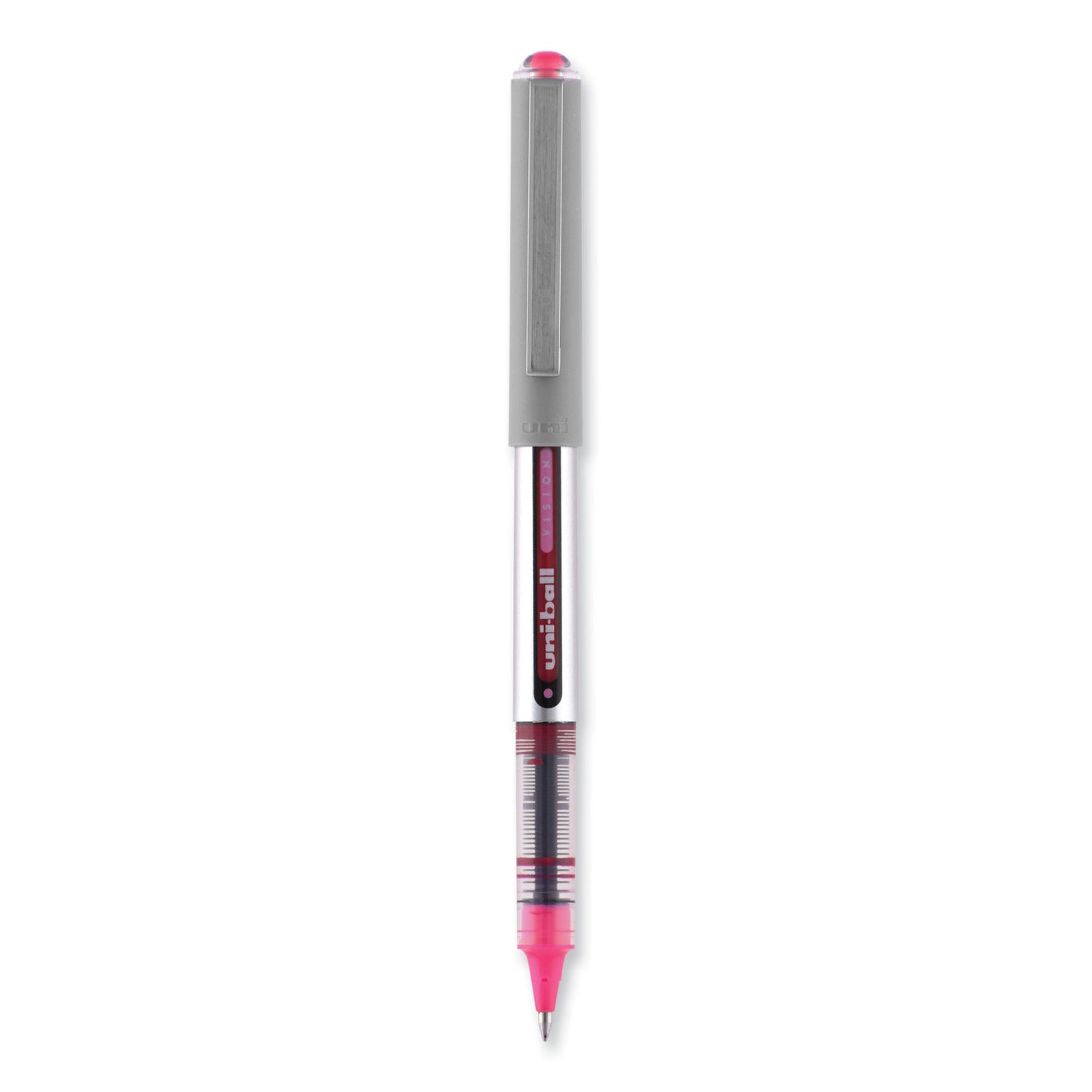 uni-ball VISION Roller Ball Pen, Stick, Fine 0.7 mm, Pink Ink, Silver/Pink/Clear Barrel, Dozen (60384)