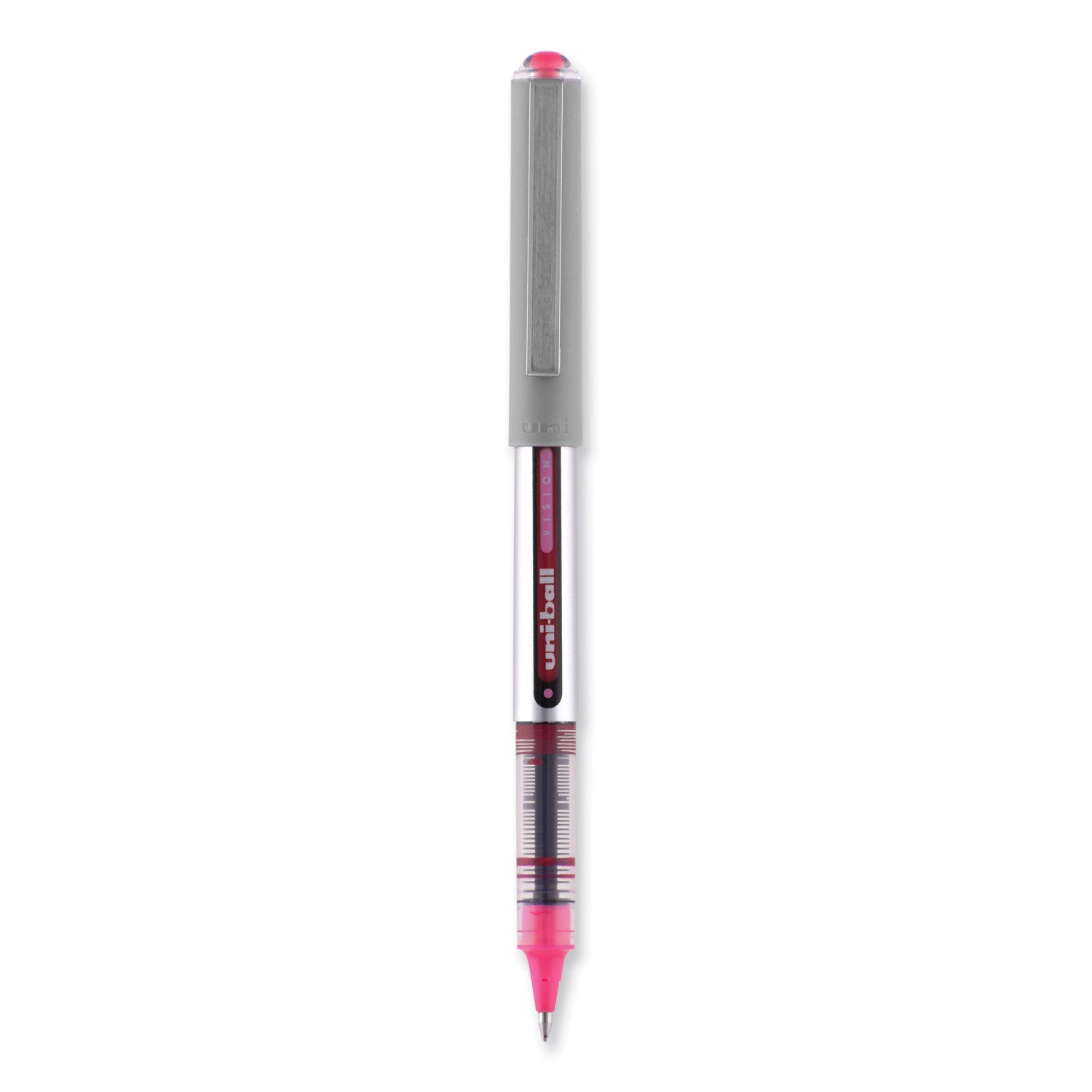 uni-ball VISION Roller Ball Pen, Stick, Fine 0.7 mm, Pink Ink, Silver/Pink/Clear Barrel, Dozen (60384)