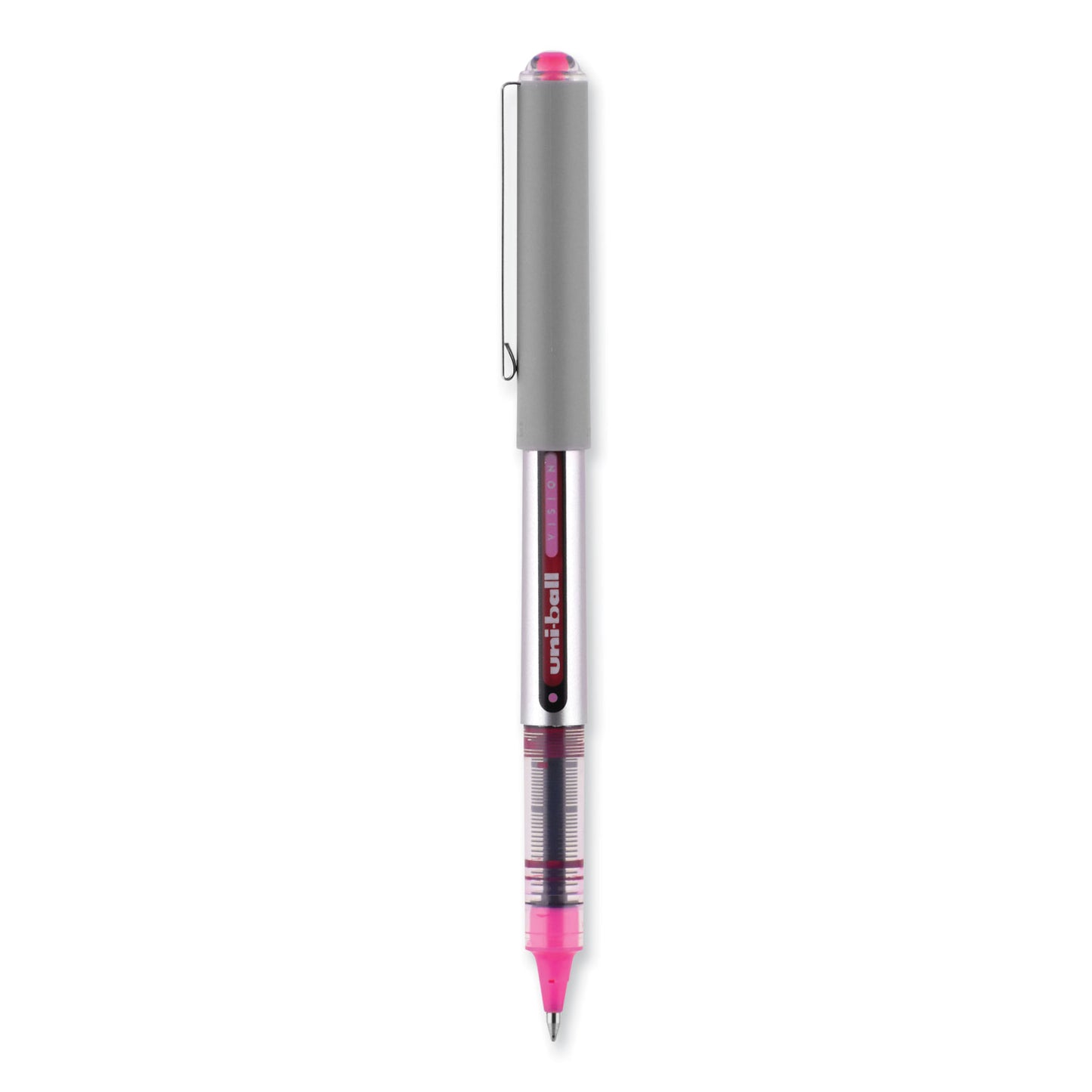 uni-ball VISION Roller Ball Pen, Stick, Fine 0.7 mm, Pink Ink, Silver/Pink/Clear Barrel, Dozen (60384)