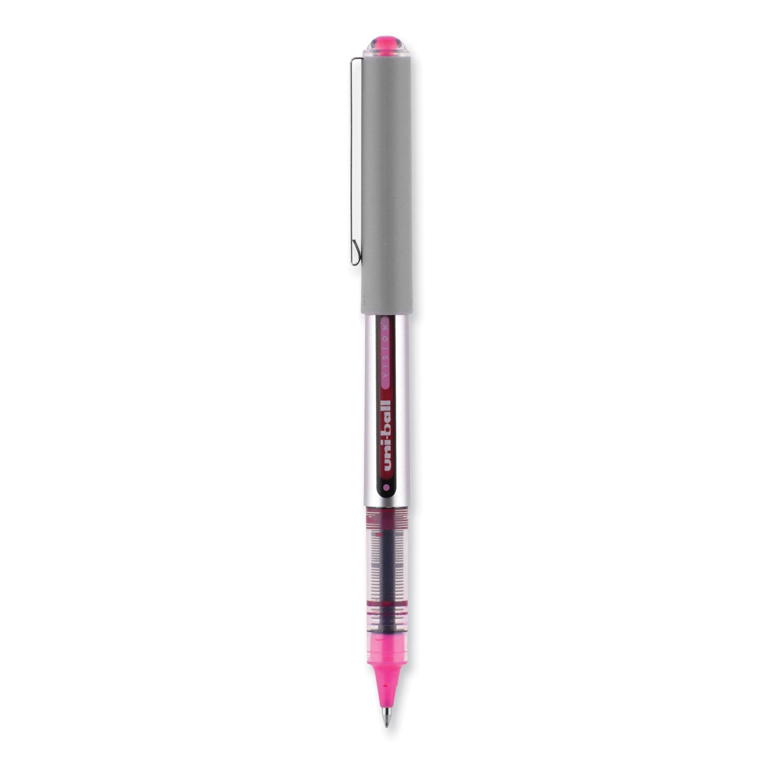 uni-ball VISION Roller Ball Pen, Stick, Fine 0.7 mm, Pink Ink, Silver/Pink/Clear Barrel, Dozen (60384)
