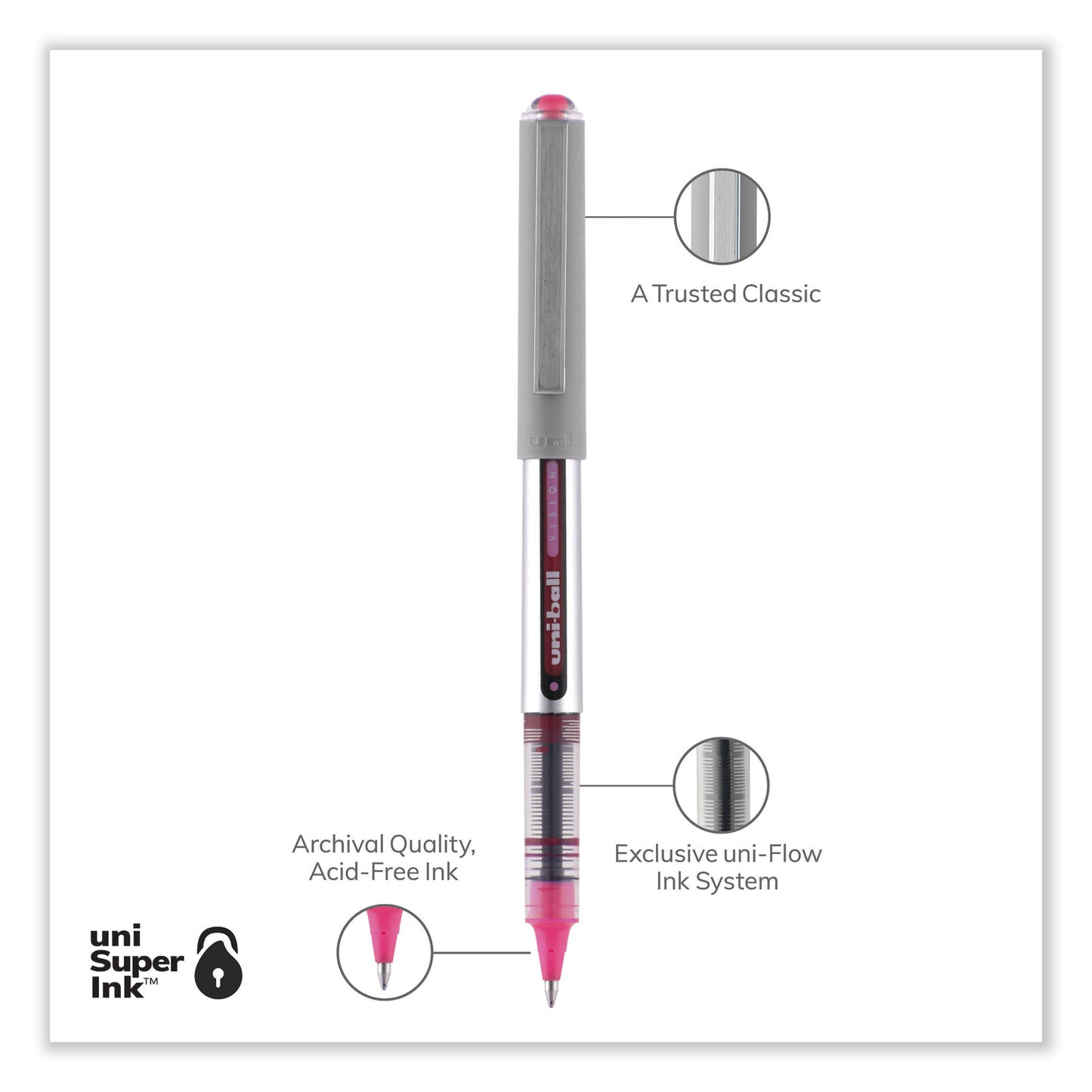 uni-ball VISION Roller Ball Pen, Stick, Fine 0.7 mm, Pink Ink, Silver/Pink/Clear Barrel, Dozen (60384)