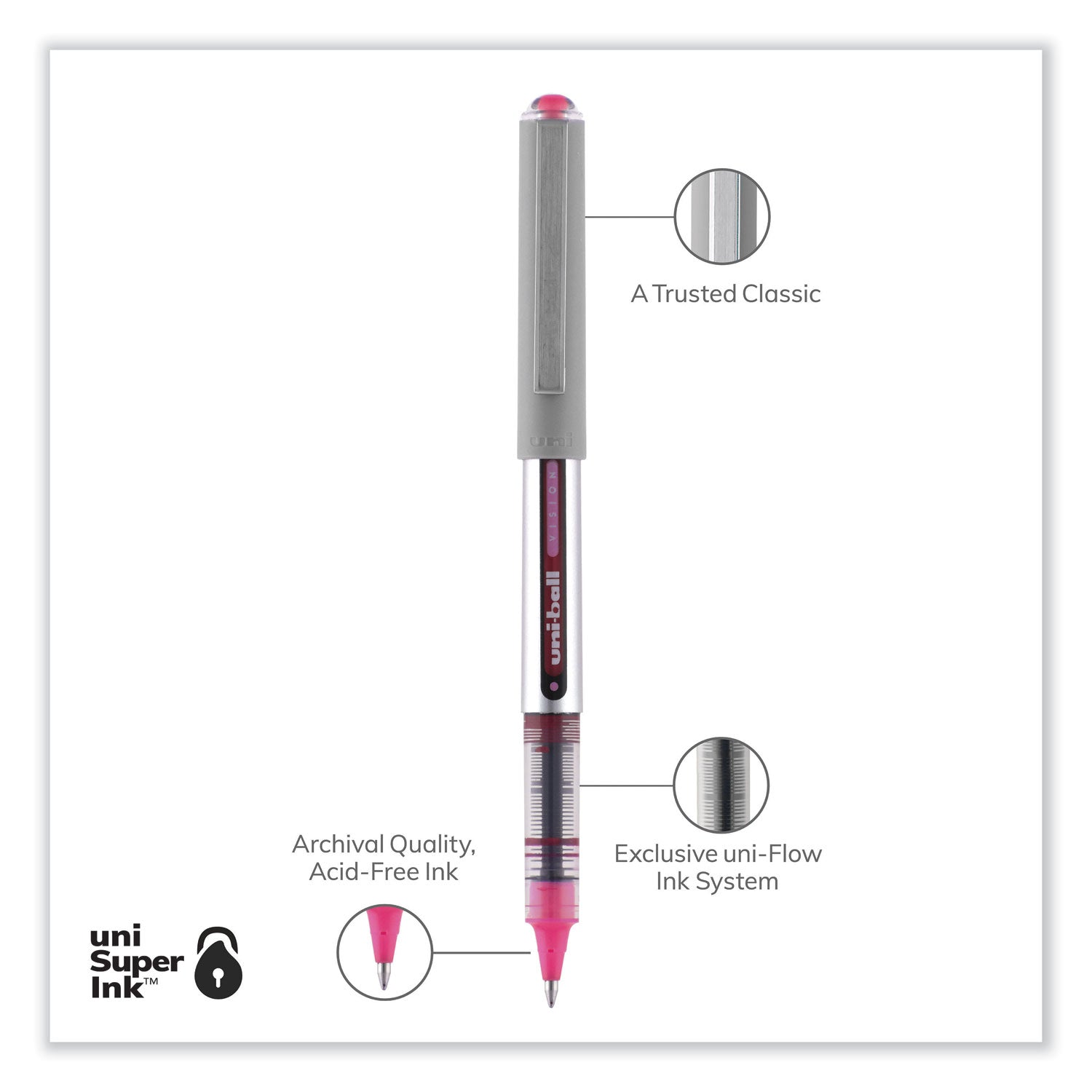 uni-ball VISION Roller Ball Pen, Stick, Fine 0.7 mm, Pink Ink, Silver/Pink/Clear Barrel, Dozen (60384)