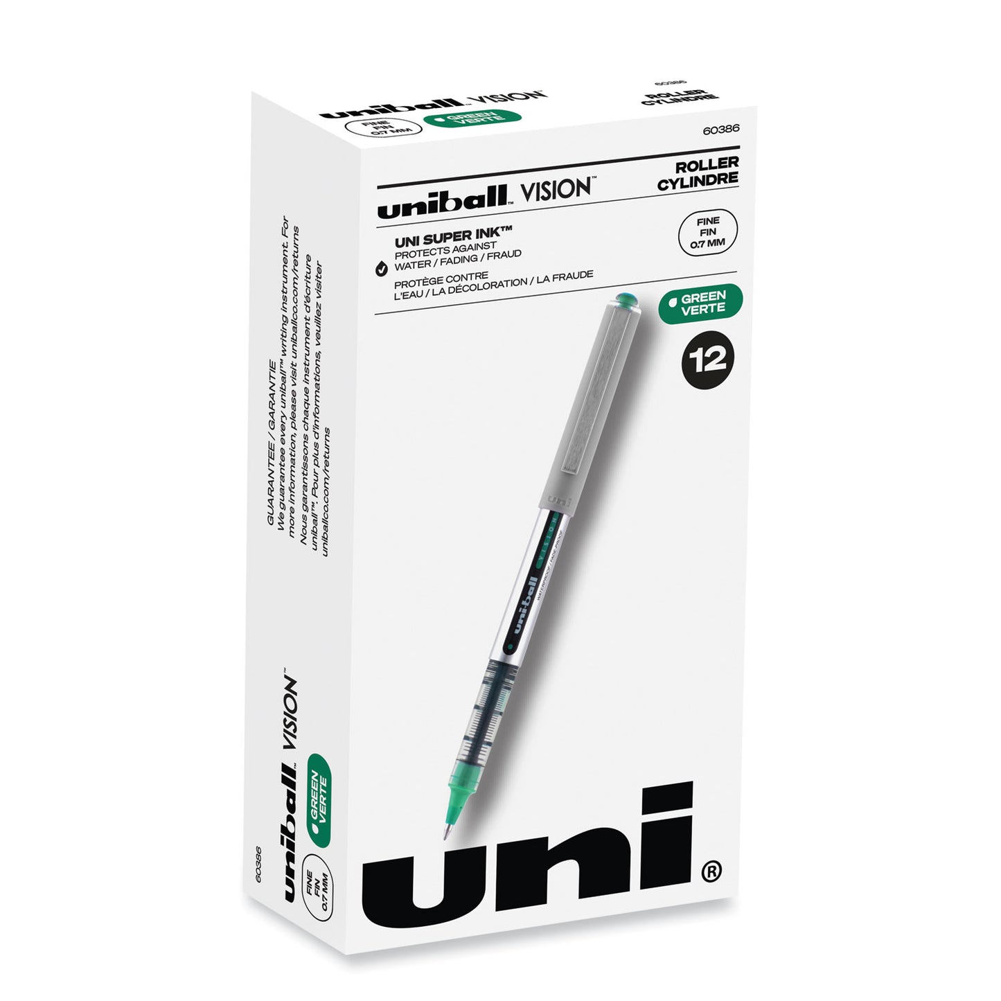 uni-ball VISION Roller Ball Pen, Stick, Fine 0.7 mm, Green Ink, Silver/Green/Clear Barrel, Dozen (60386)