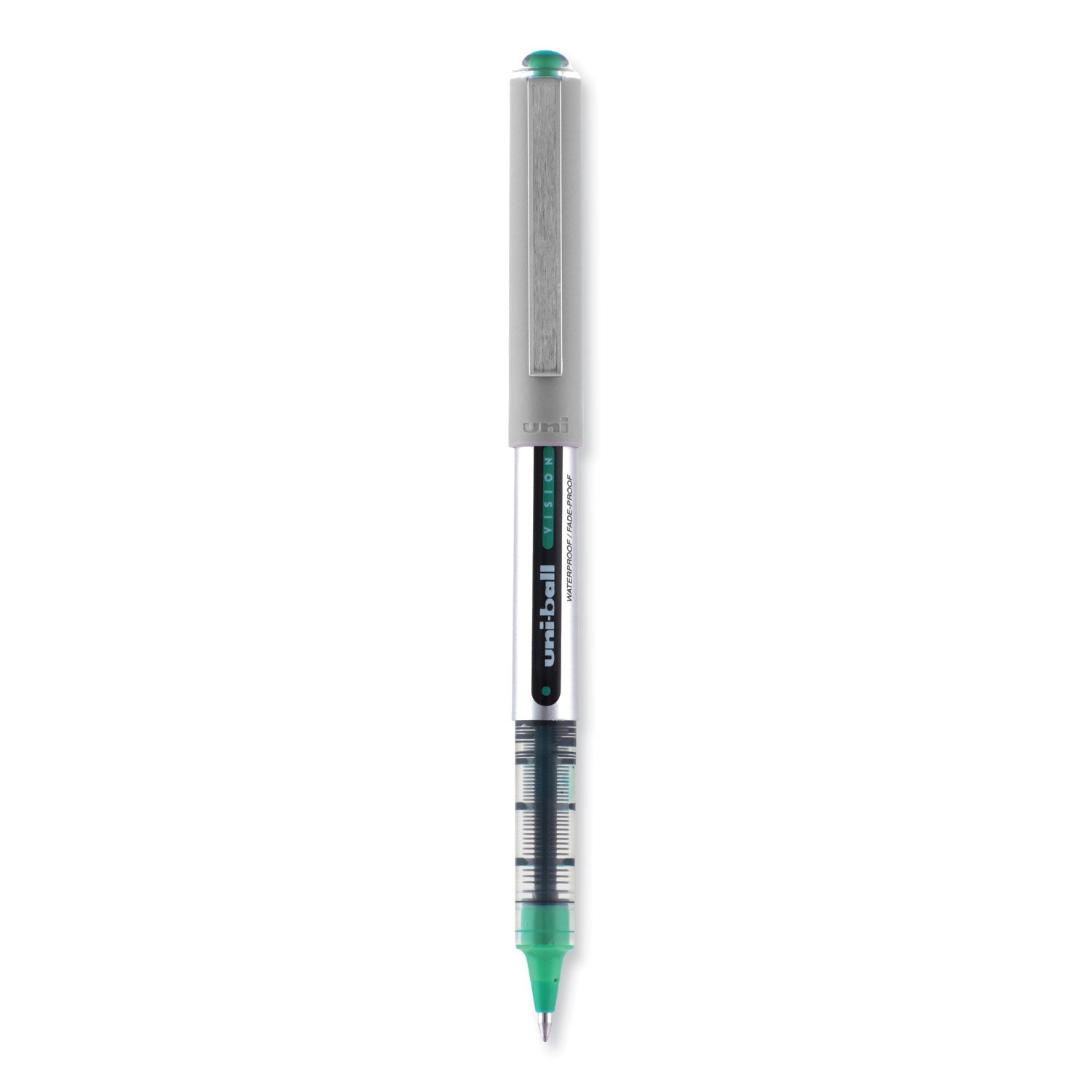 uni-ball VISION Roller Ball Pen, Stick, Fine 0.7 mm, Green Ink, Silver/Green/Clear Barrel, Dozen (60386)
