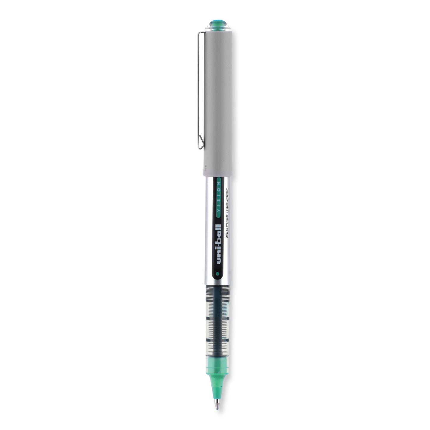 uni-ball VISION Roller Ball Pen, Stick, Fine 0.7 mm, Green Ink, Silver/Green/Clear Barrel, Dozen (60386)