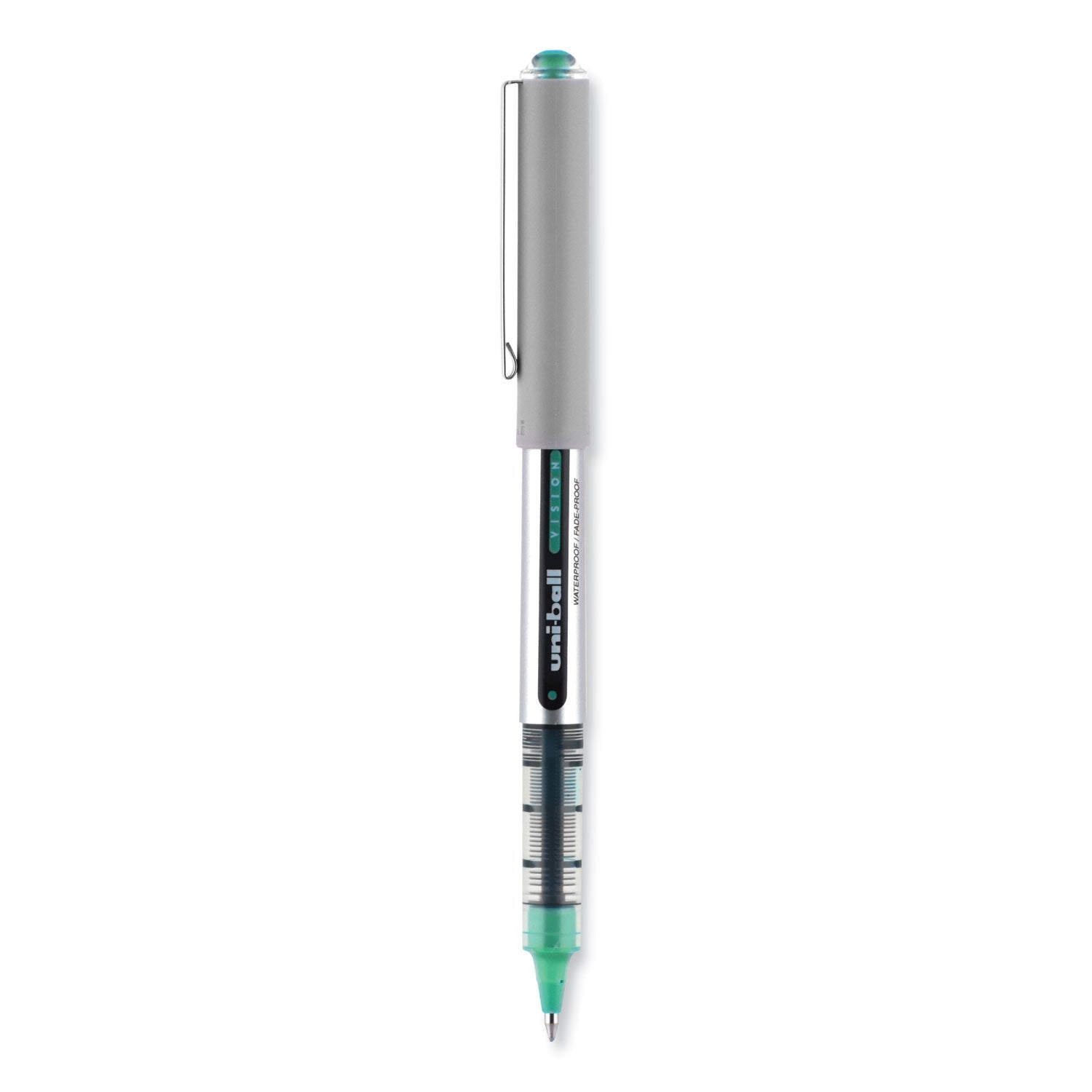 uni-ball VISION Roller Ball Pen, Stick, Fine 0.7 mm, Green Ink, Silver/Green/Clear Barrel, Dozen (60386)