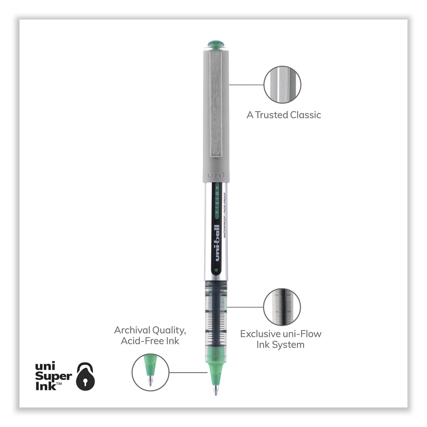 uni-ball VISION Roller Ball Pen, Stick, Fine 0.7 mm, Green Ink, Silver/Green/Clear Barrel, Dozen (60386)