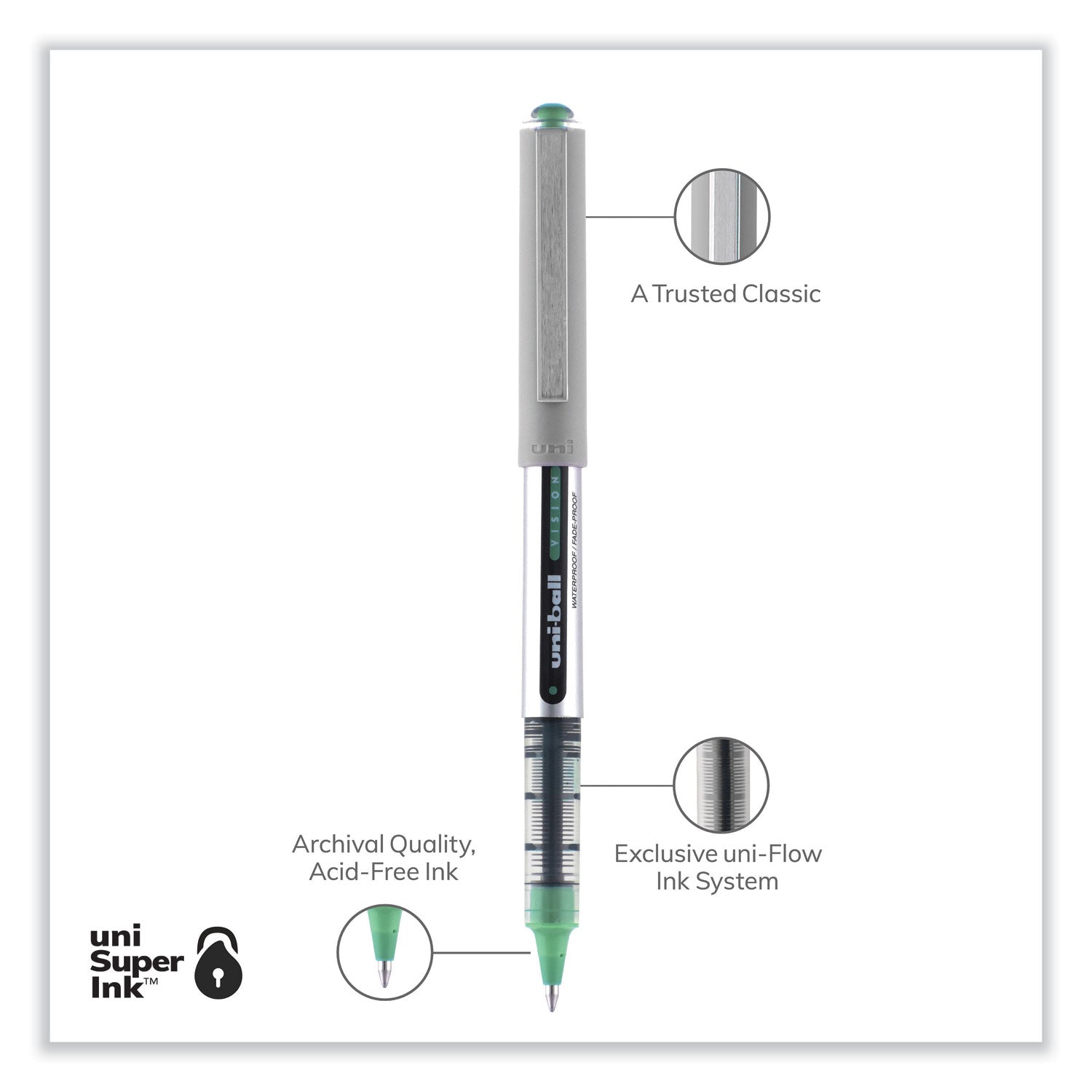 uni-ball VISION Roller Ball Pen, Stick, Fine 0.7 mm, Green Ink, Silver/Green/Clear Barrel, Dozen (60386)