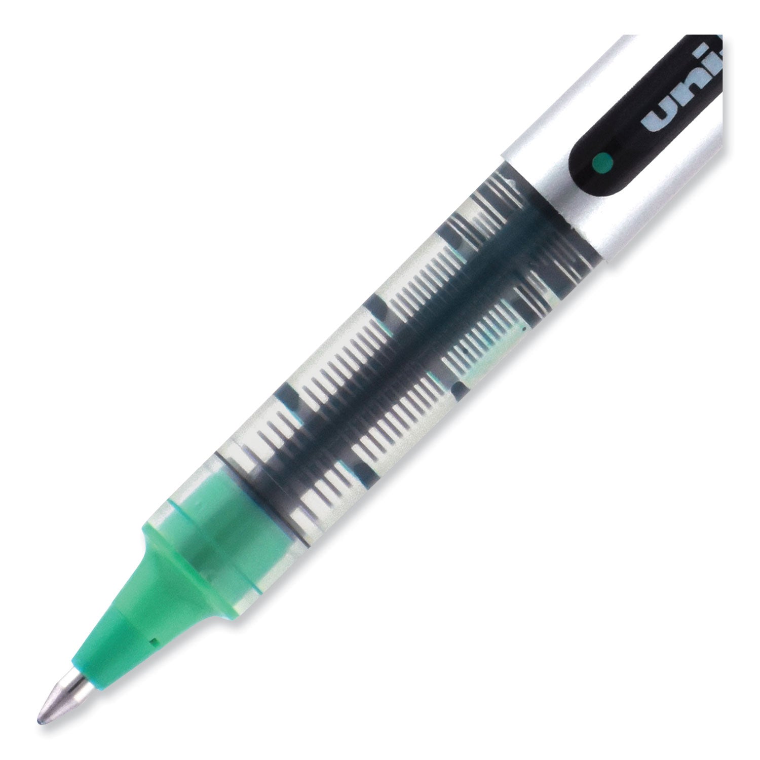 uni-ball VISION Roller Ball Pen, Stick, Fine 0.7 mm, Green Ink, Silver/Green/Clear Barrel, Dozen (60386)