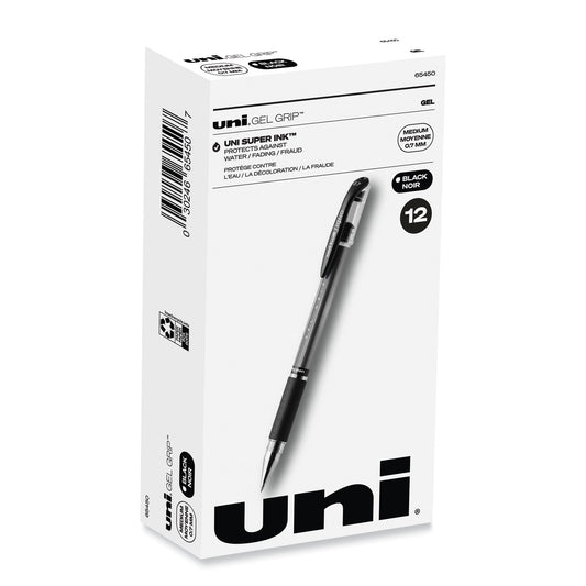 uni-ball Signo GRIP Gel Pen, Stick, Medium 0.7 mm, Black Ink, Clear/Black/Silver Barrel, Dozen (65450)