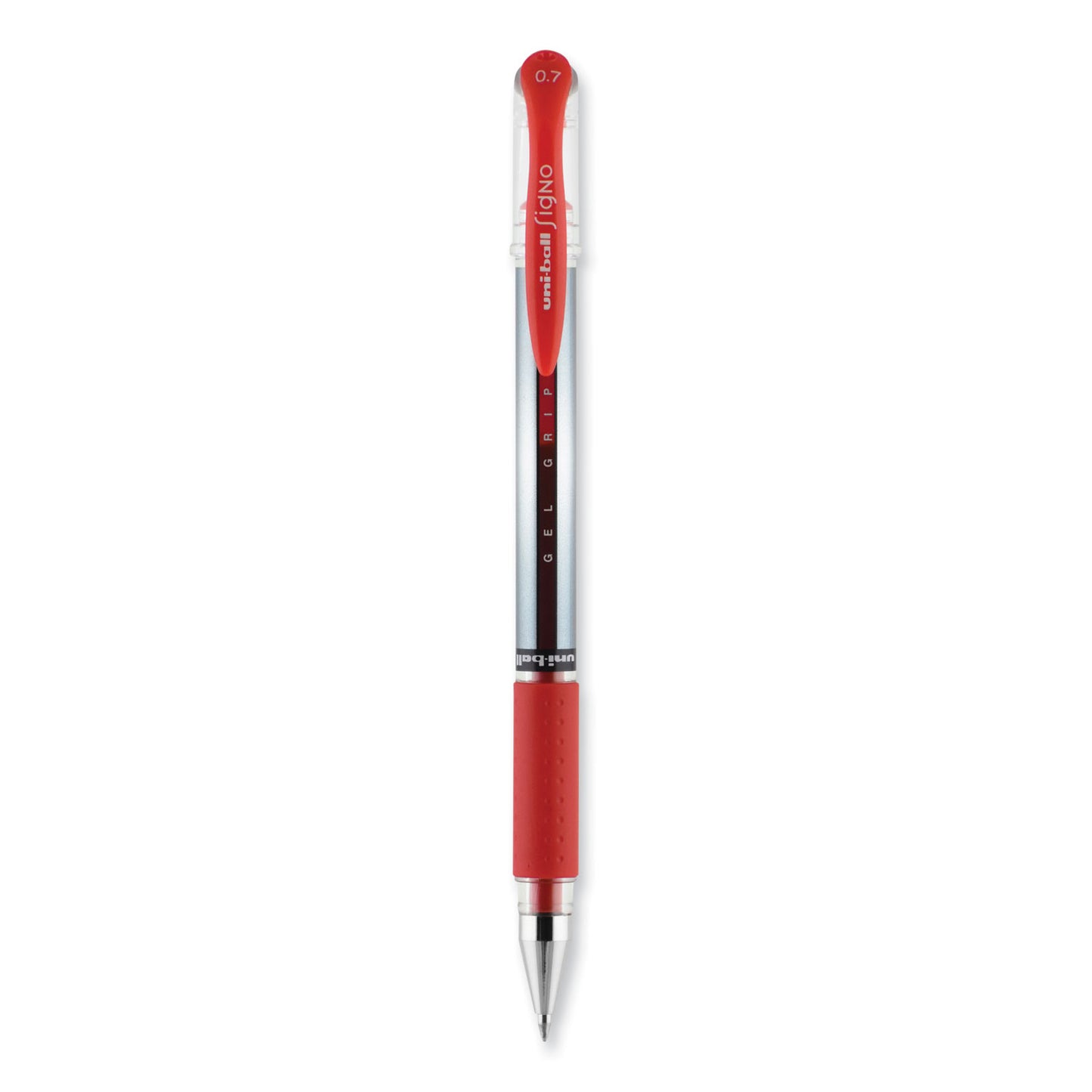 uni-ball Signo GRIP Gel Pen, Stick, Medium 0.7 mm, Red Ink, Clear/Red/Silver Barrel, Dozen (65452)