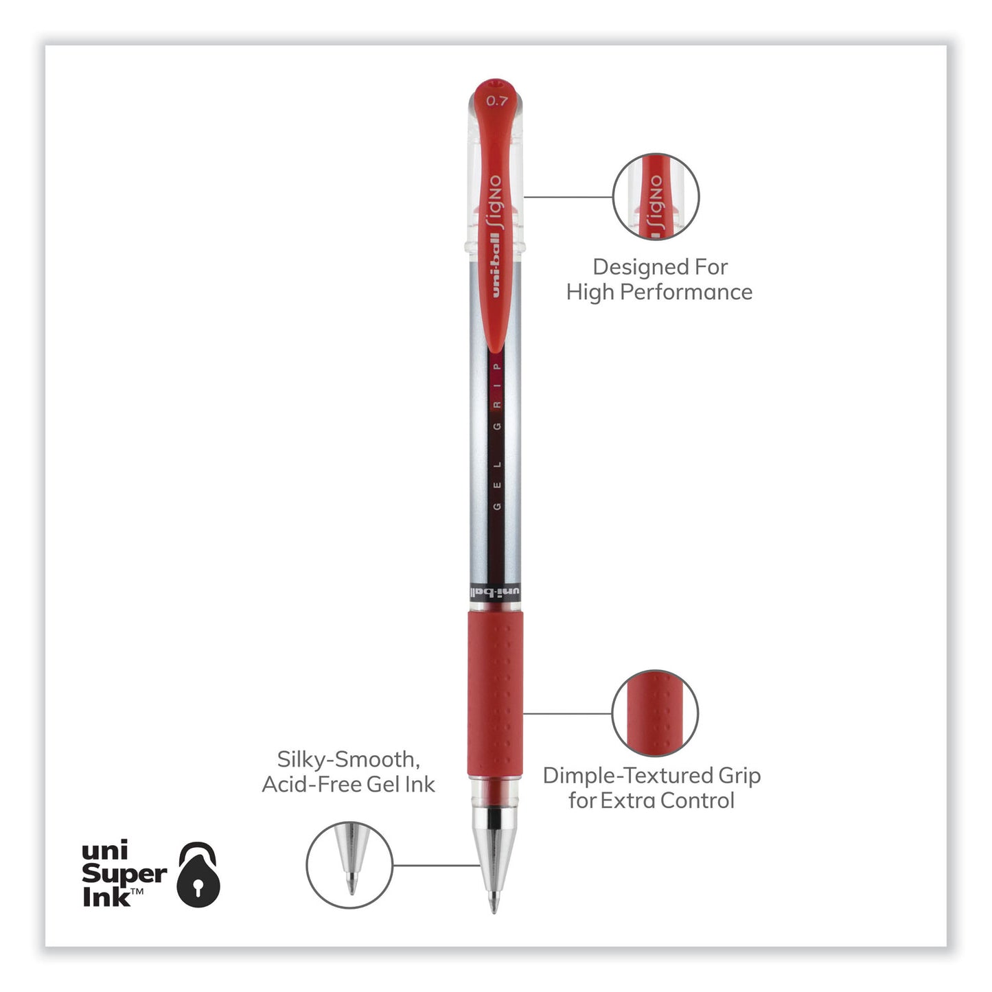 uni-ball Signo GRIP Gel Pen, Stick, Medium 0.7 mm, Red Ink, Clear/Red/Silver Barrel, Dozen (65452)