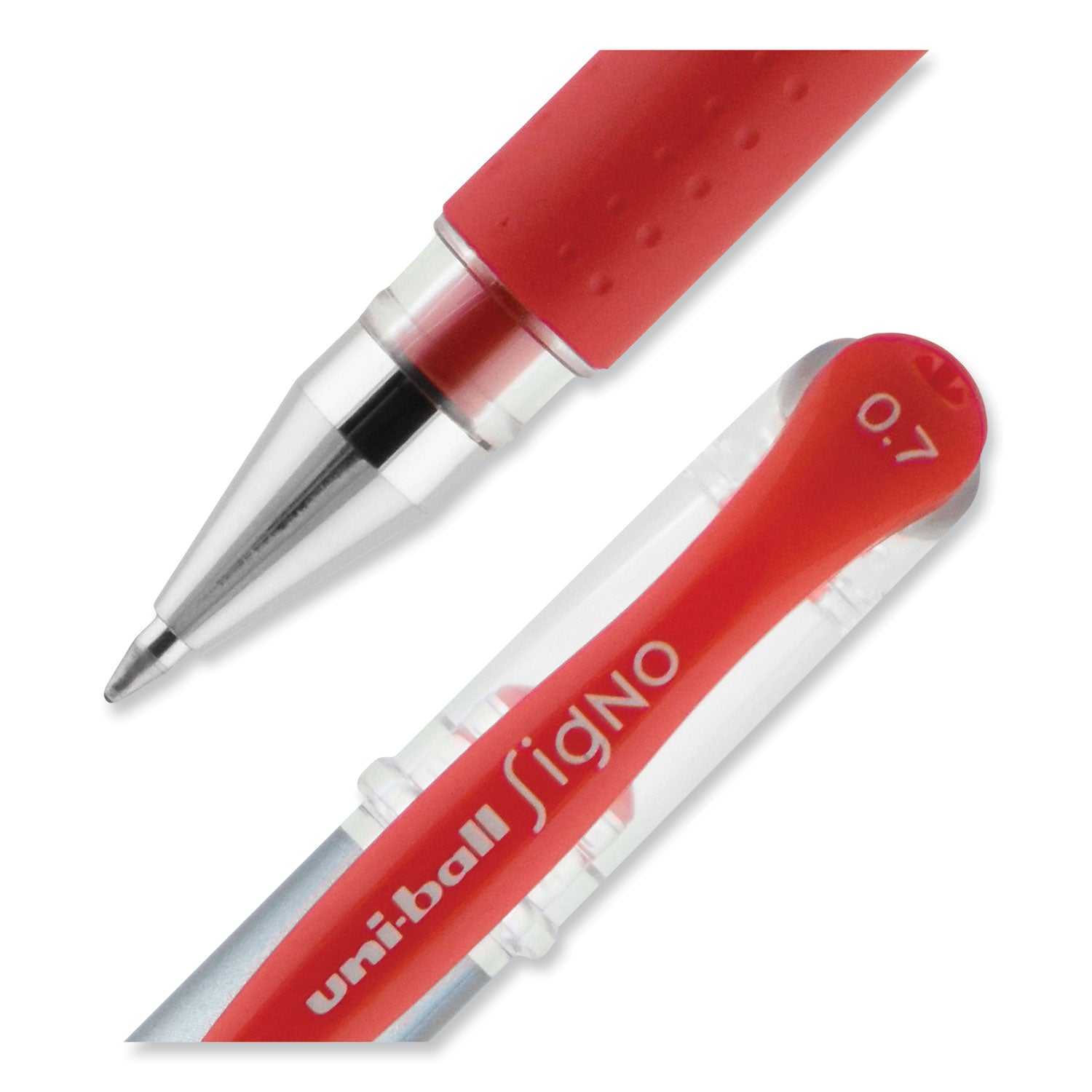 uni-ball Signo GRIP Gel Pen, Stick, Medium 0.7 mm, Red Ink, Clear/Red/Silver Barrel, Dozen (65452)