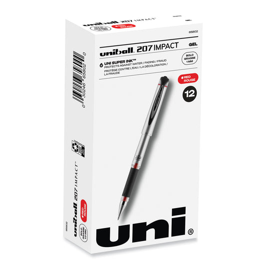 uni-ball 207 Impact Gel Pen, Stick, Bold 1 mm, Red Ink, Silver/Black/Red Barrel (65802)