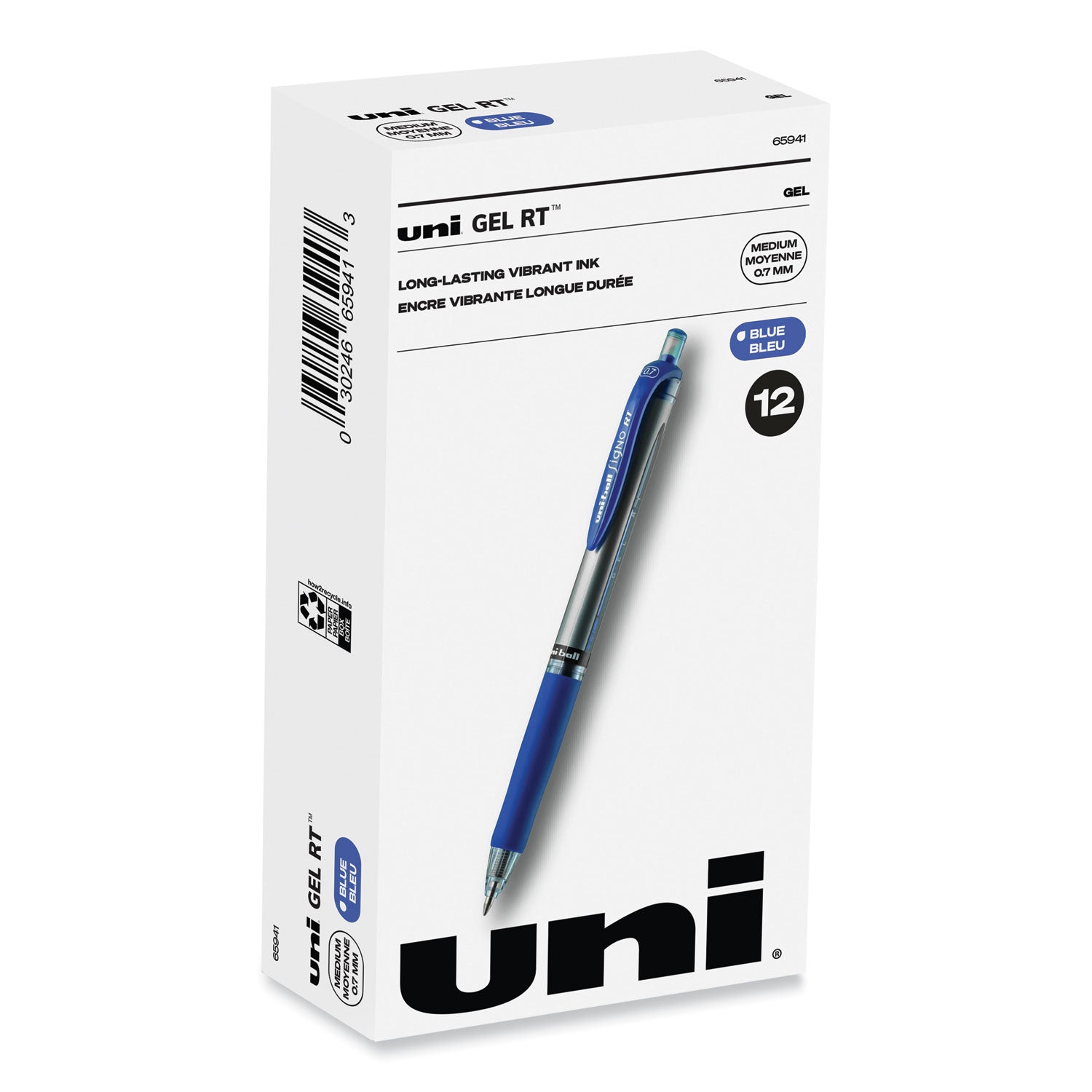 uni-ball Signo Gel Pen, Retractable, Medium 0.7 mm, Blue Ink, Silver/Blue Barrel, Dozen (65941)