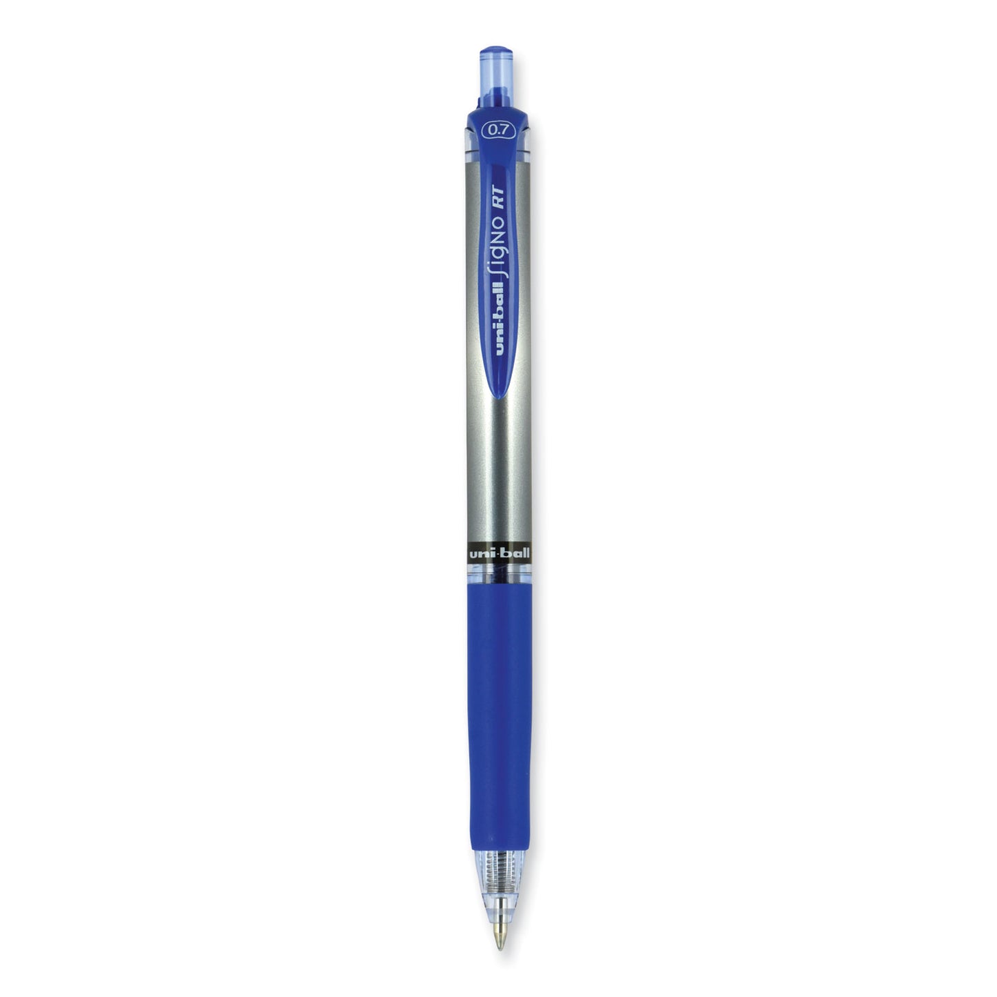 uni-ball Signo Gel Pen, Retractable, Medium 0.7 mm, Blue Ink, Silver/Blue Barrel, Dozen (65941)