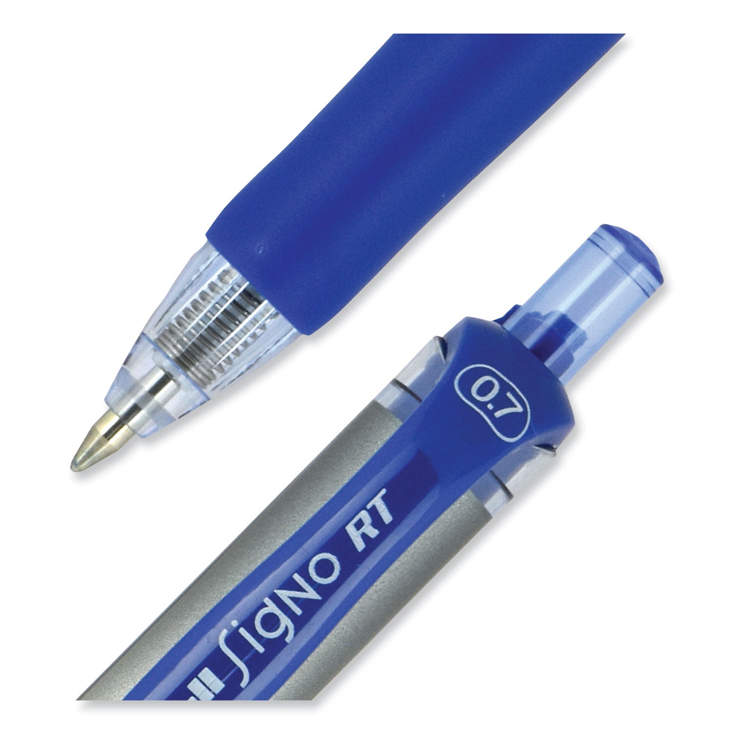 uni-ball Signo Gel Pen, Retractable, Medium 0.7 mm, Blue Ink, Silver/Blue Barrel, Dozen (65941)