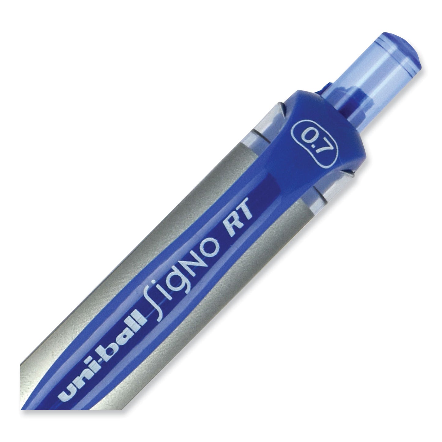 uni-ball Signo Gel Pen, Retractable, Medium 0.7 mm, Blue Ink, Silver/Blue Barrel, Dozen (65941)