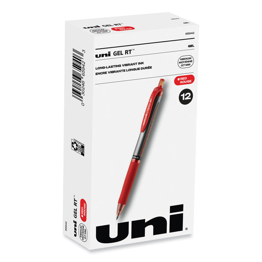 uni-ball Signo Gel Pen, Retractable, Medium 0.7 mm, Red Ink, Silver/Red Barrel, Dozen (65942)