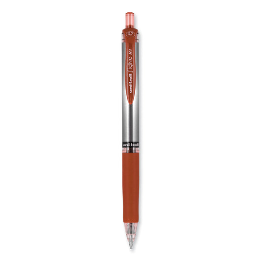 uni-ball Signo Gel Pen, Retractable, Medium 0.7 mm, Red Ink, Silver/Red Barrel, Dozen (65942)