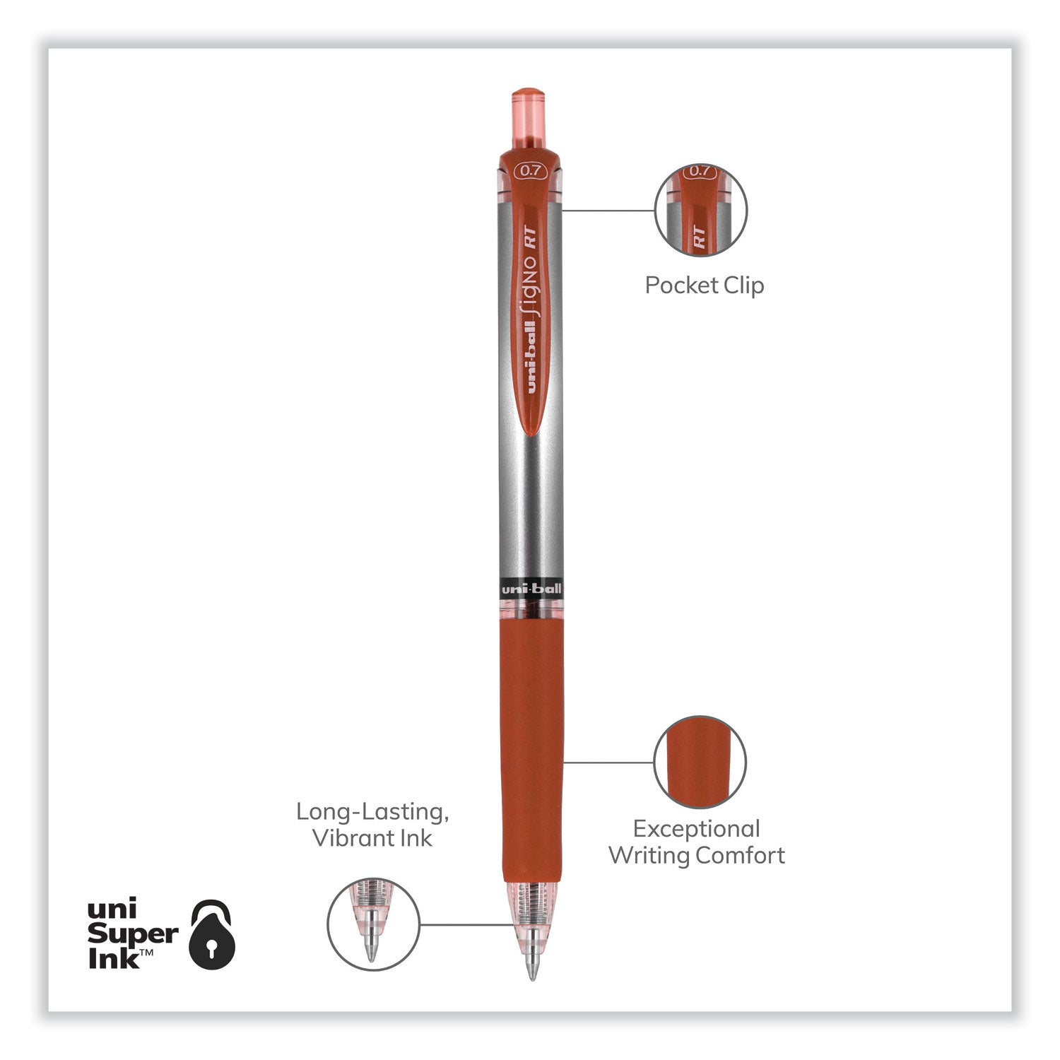 uni-ball Signo Gel Pen, Retractable, Medium 0.7 mm, Red Ink, Silver/Red Barrel, Dozen (65942)