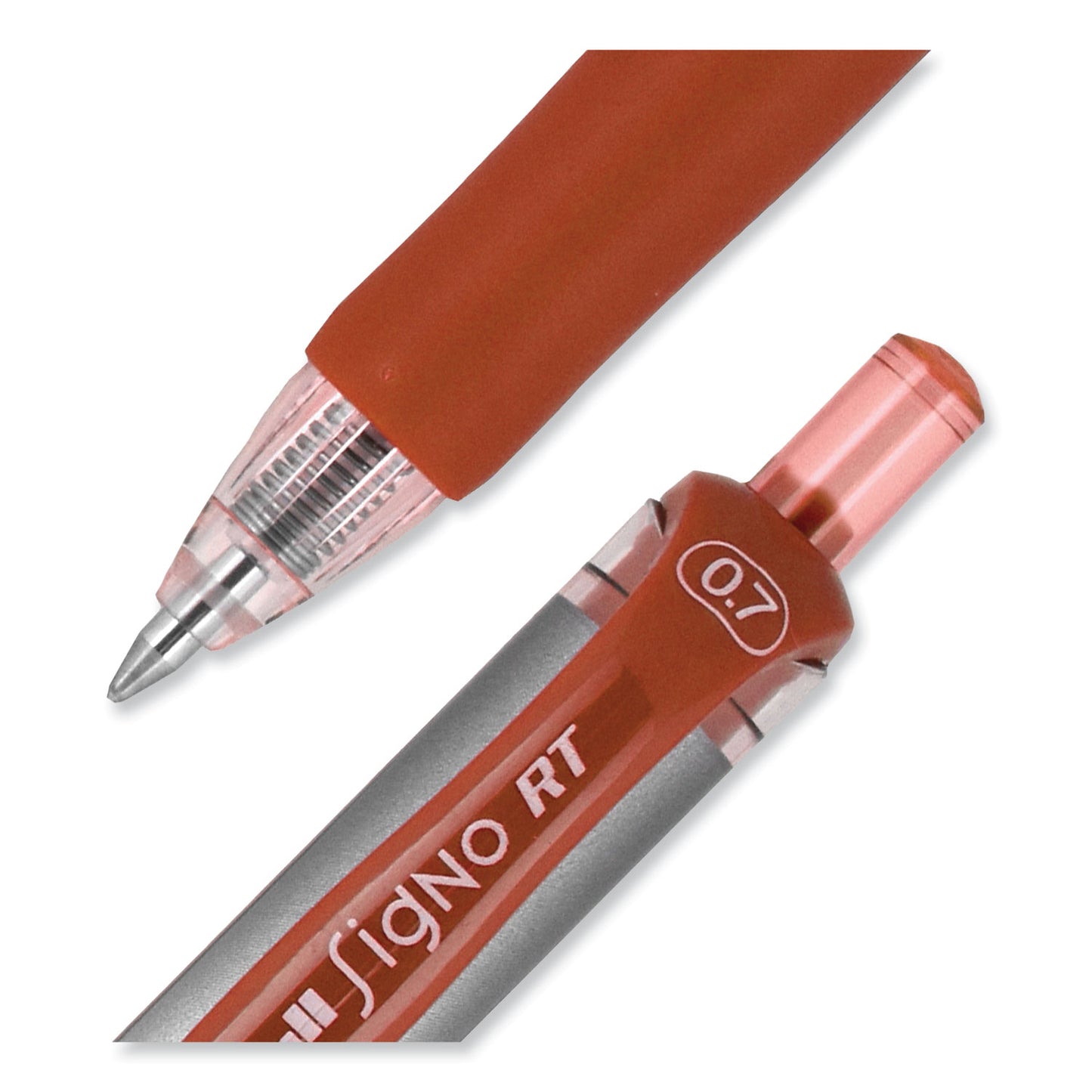 uni-ball Signo Gel Pen, Retractable, Medium 0.7 mm, Red Ink, Silver/Red Barrel, Dozen (65942)