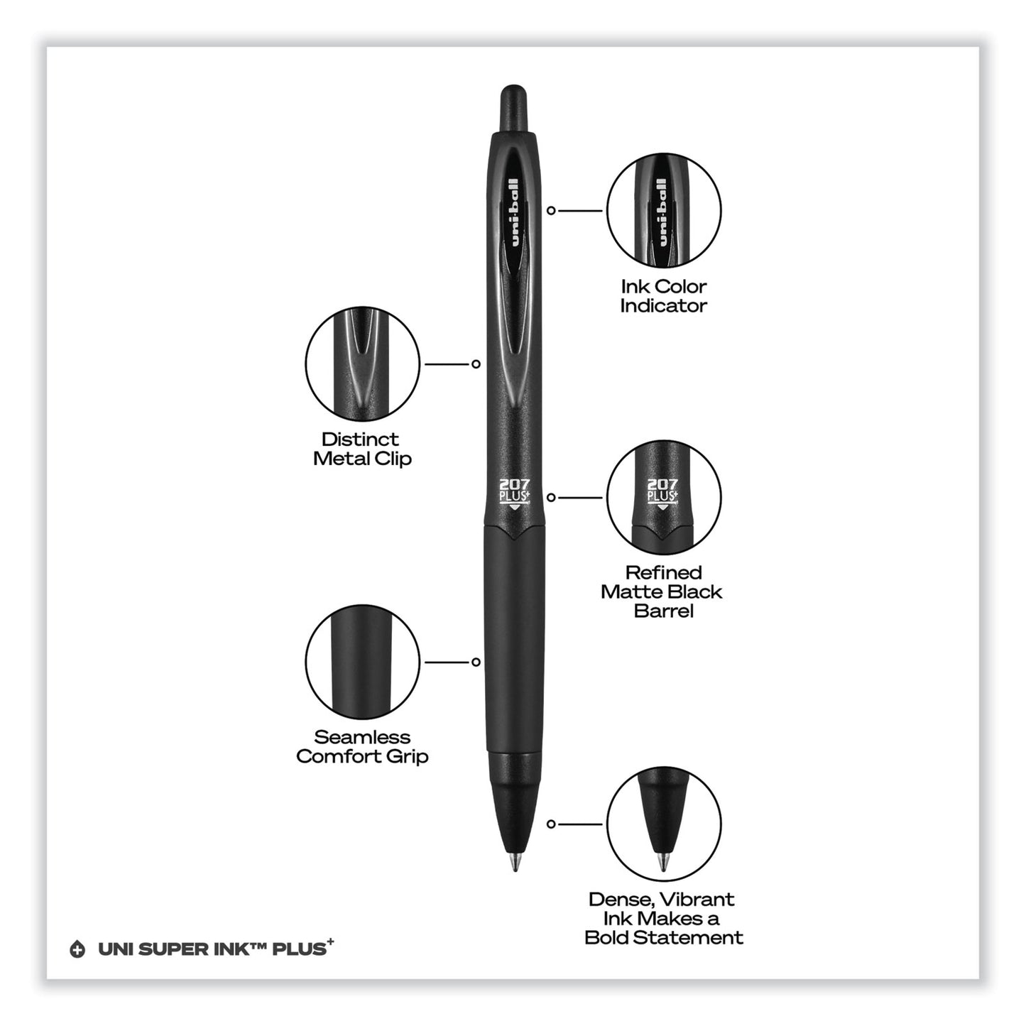 uni-ball 207 Plus+ Gel Pen, Retractable, Medium 0.7 mm, Black Ink, Black Barrel, Dozen (70462)