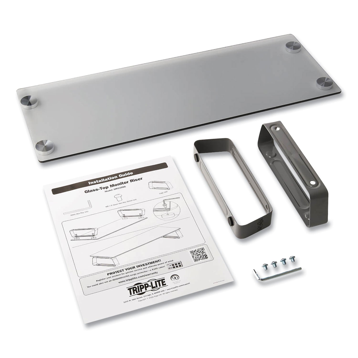 Tripp Lite Universal Glass-Top Monitor Riser, 22" x 8" x 3", Clear, Supports 3.9 lbs (MR2208G)