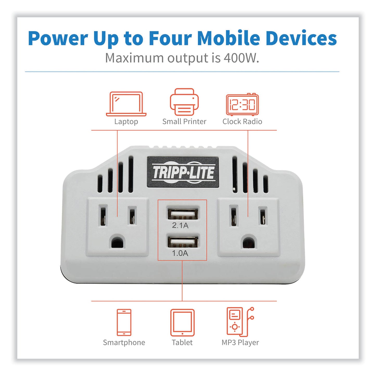 Tripp Lite PowerVerter Ultra-Compact Car Inverter, 400 W, Two AC Outlets/Two USB Ports, 3.1 A (PV400USB)