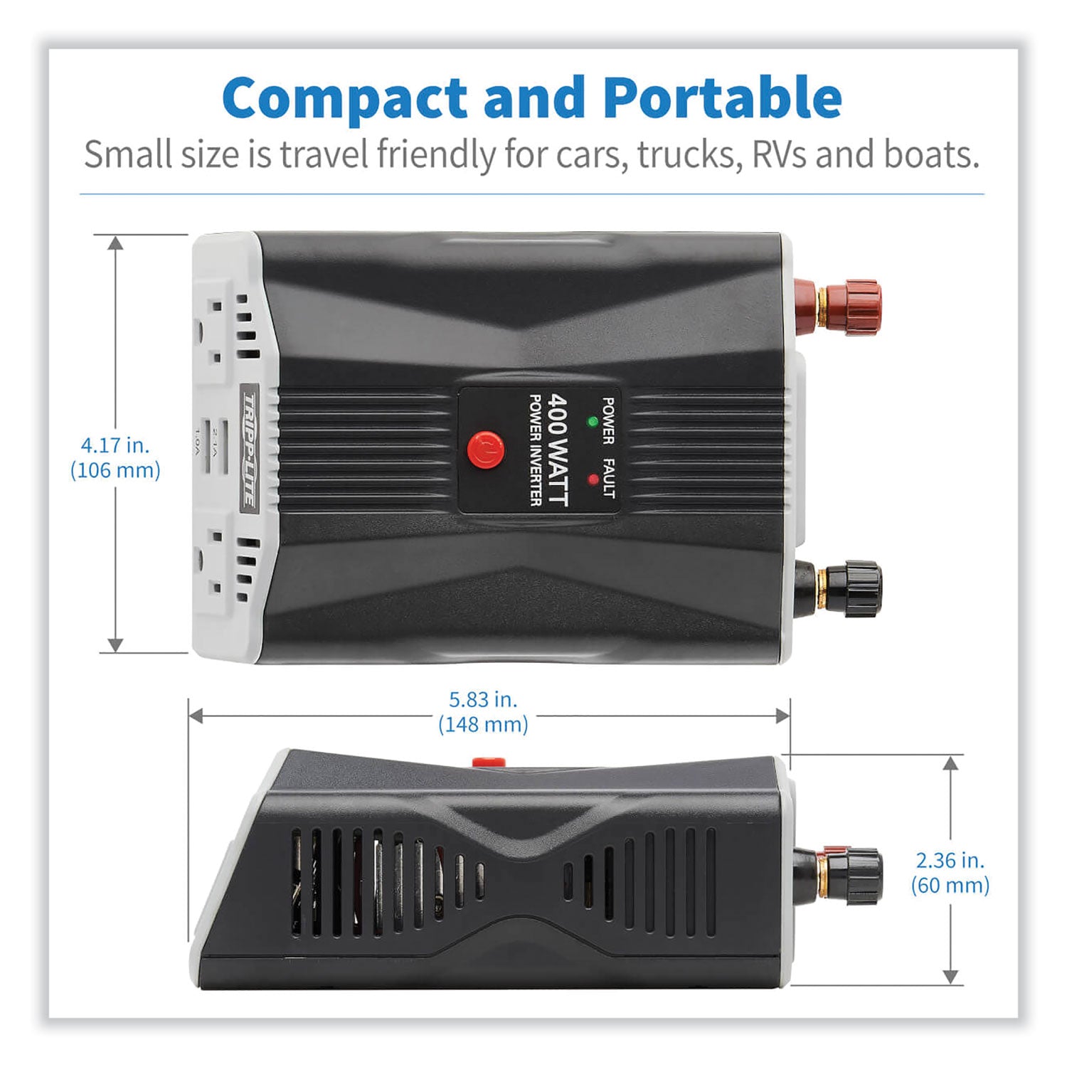 Tripp Lite PowerVerter Ultra-Compact Car Inverter, 400 W, Two AC Outlets/Two USB Ports, 3.1 A (PV400USB)