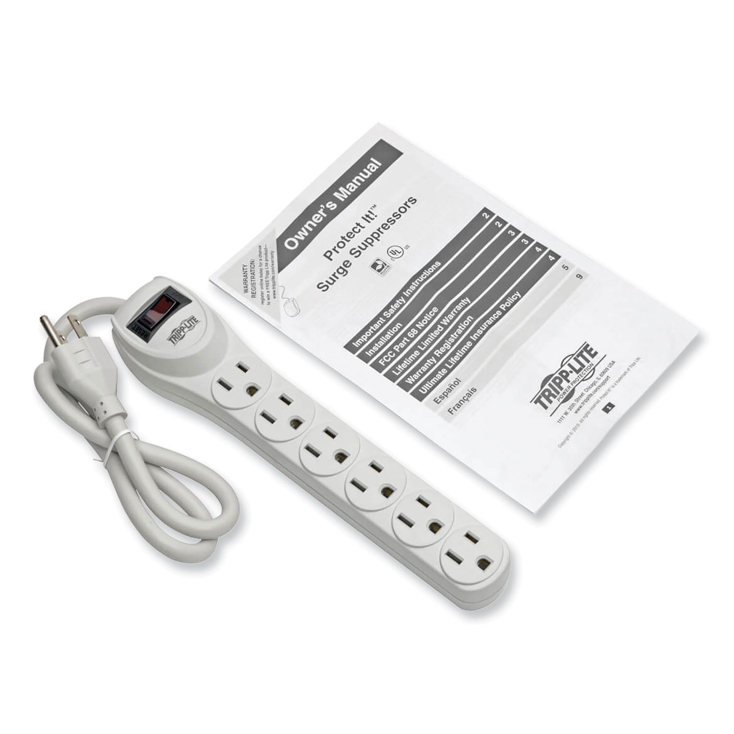 Tripp Lite Protect It! Home Computer Surge Protector, 6 AC Outlets, 2 ft Cord, 180 J, Light Gray (TLP602)