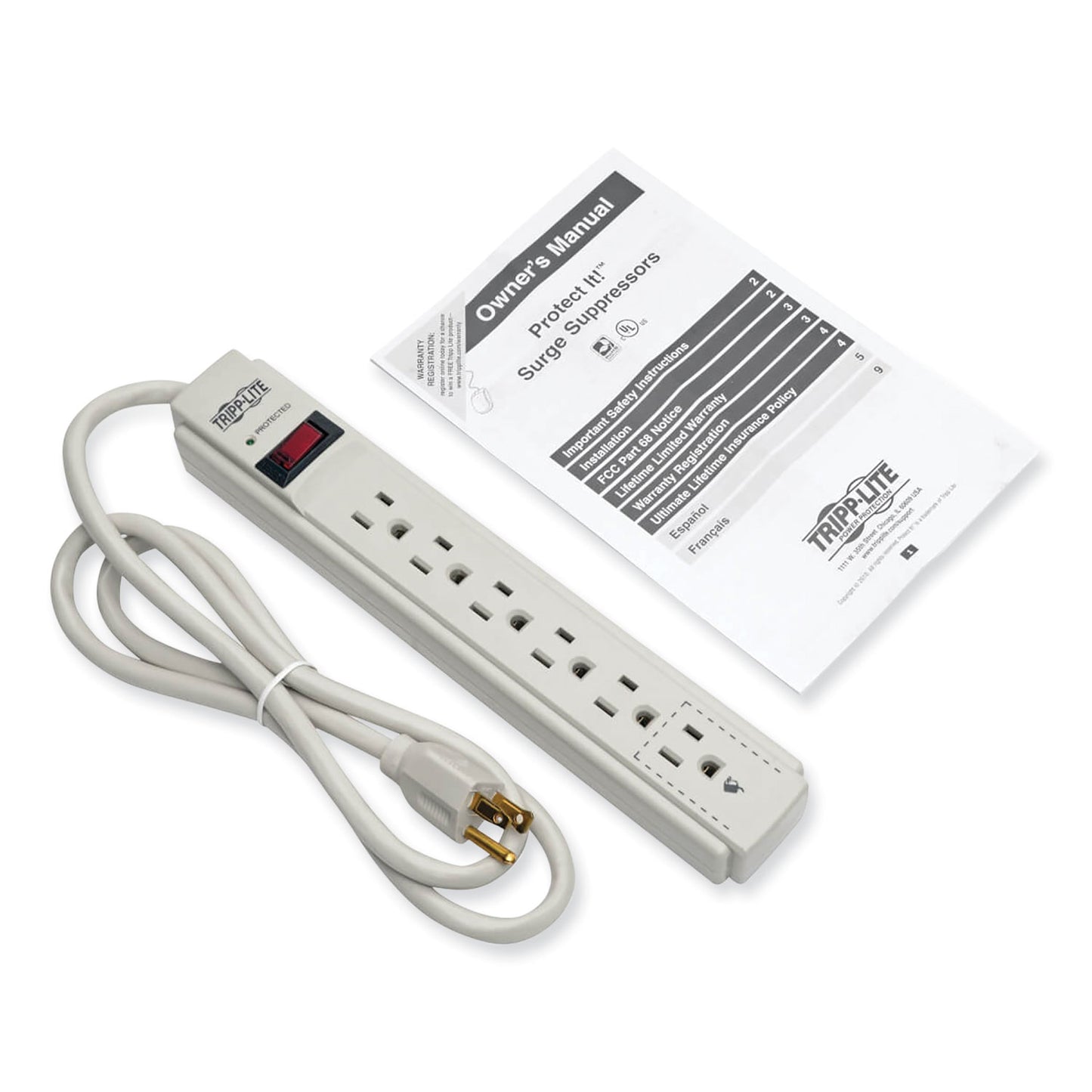 Tripp Lite Protect It! Surge Protector, 6 AC Outlets, 4 ft Cord, 790 J, Light Gray (TLP604)