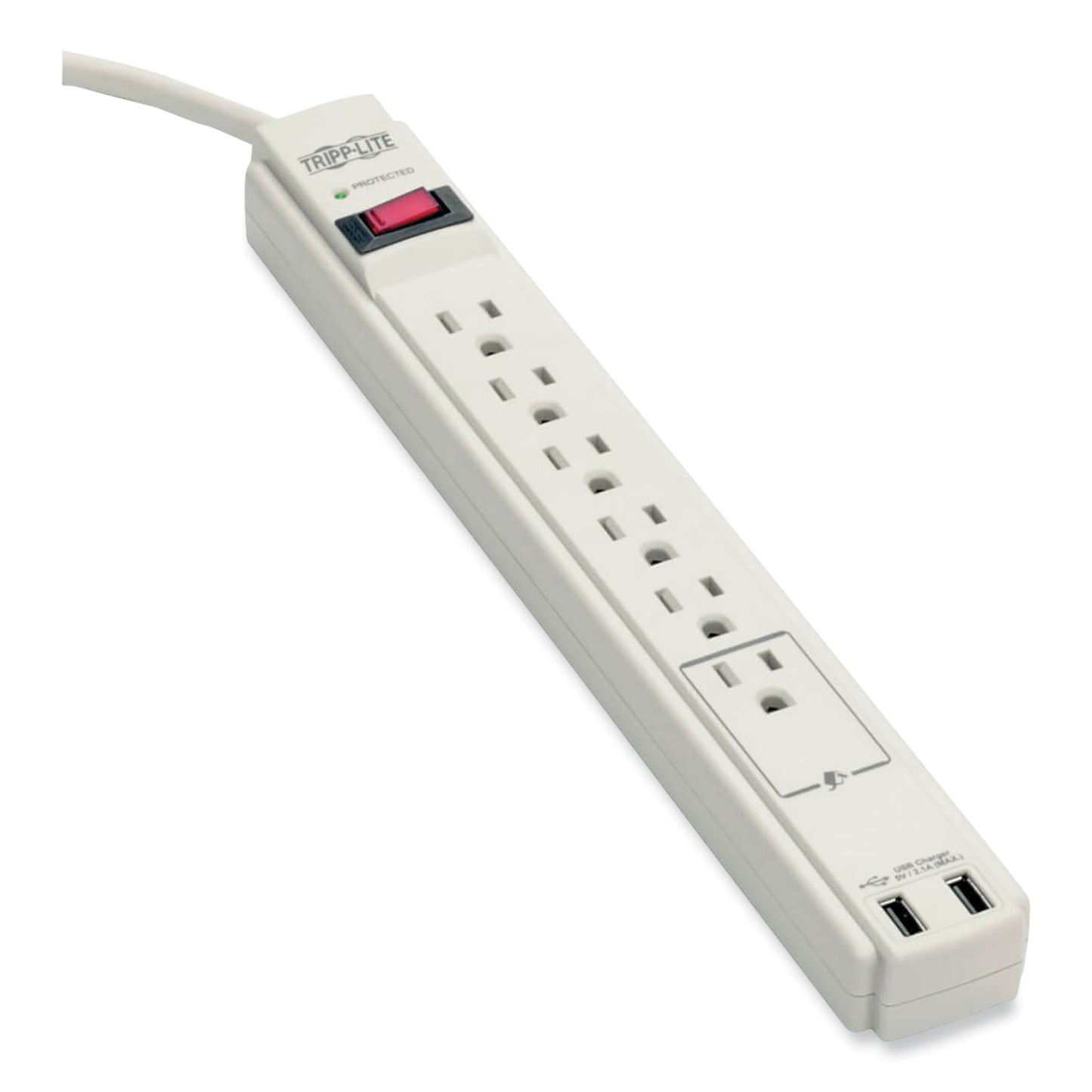 Tripp Lite Protect It! Surge Protector, 6 AC Outlets/2 USB Ports, 6 ft Cord, 990 J, Cool Gray (TLP606USB)