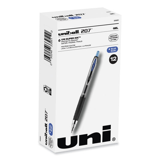 uni-ball Signo 207 Gel Pen, Retractable, Medium 0.7 mm, Blue Ink, Smoke/Black/Blue Barrel, Dozen (33951)