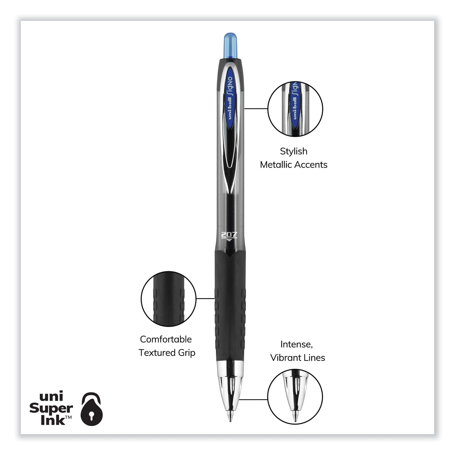 uni-ball Signo 207 Gel Pen, Retractable, Medium 0.7 mm, Blue Ink, Smoke/Black/Blue Barrel, Dozen (33951)