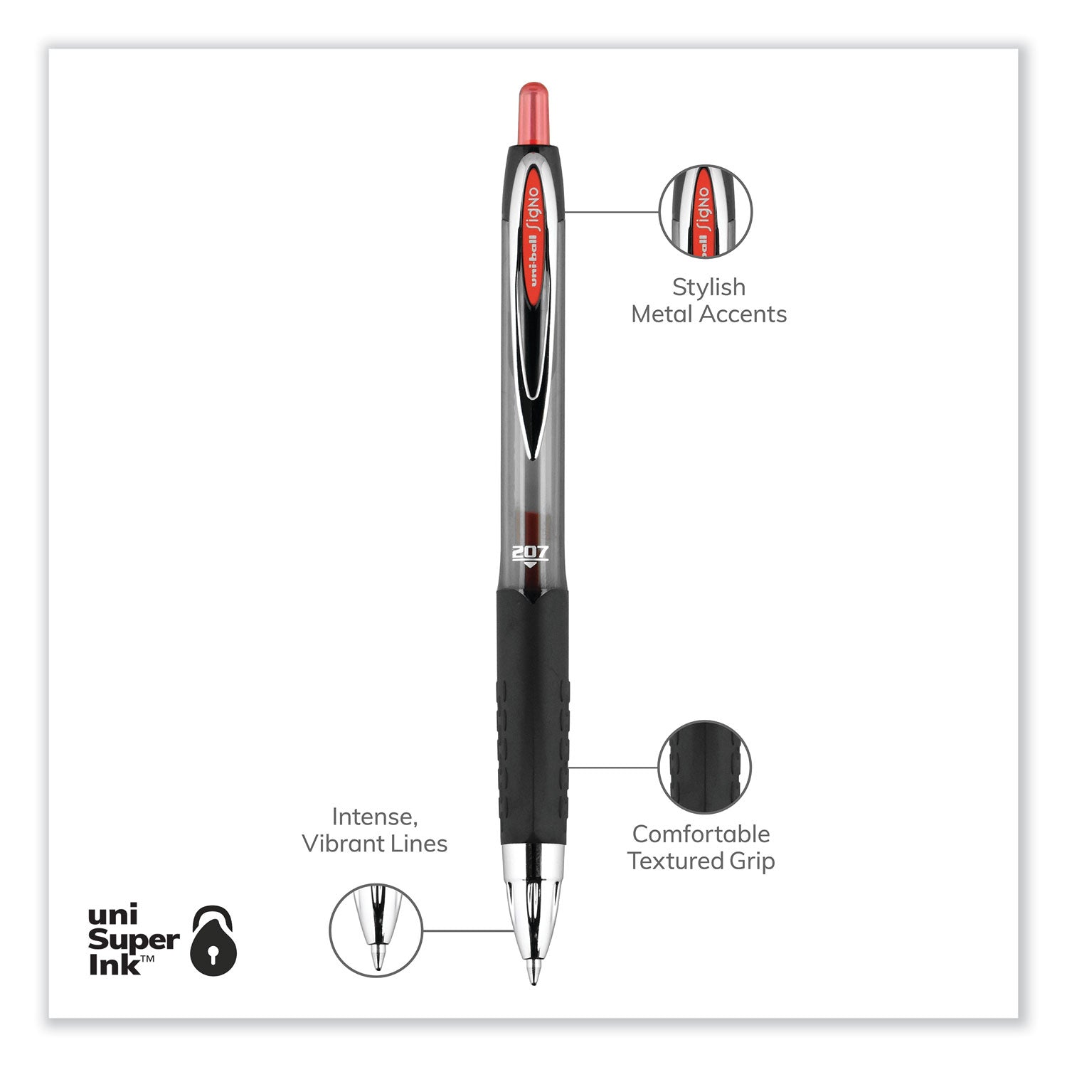 uni-ball Signo 207 Gel Pen, Retractable, Medium 0.7 mm, Red Ink, Smoke/Black/Red Barrel, Dozen (33952)