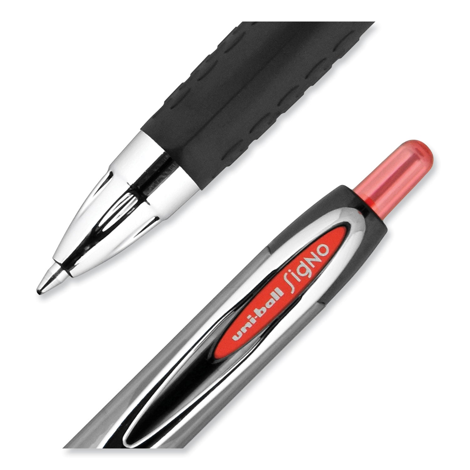 uni-ball Signo 207 Gel Pen, Retractable, Medium 0.7 mm, Red Ink, Smoke/Black/Red Barrel, Dozen (33952)