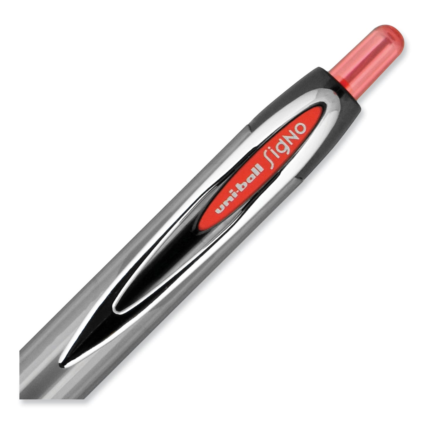 uni-ball Signo 207 Gel Pen, Retractable, Medium 0.7 mm, Red Ink, Smoke/Black/Red Barrel, Dozen (33952)