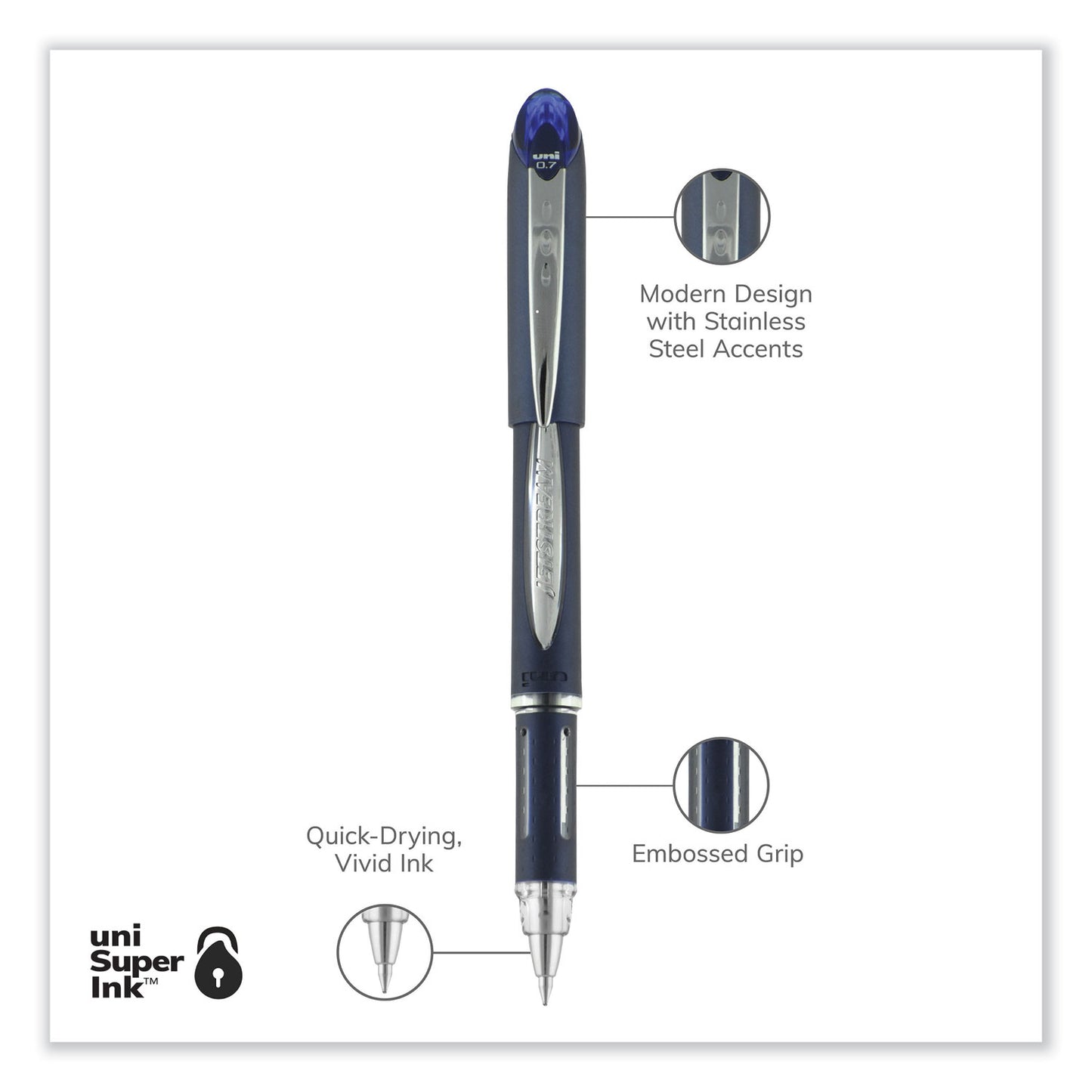 uni-ball Jetstream Hybrid Gel Pen, Stick, Fine 0.7 mm, Blue Ink, Blue/Silver Barrel (40174)