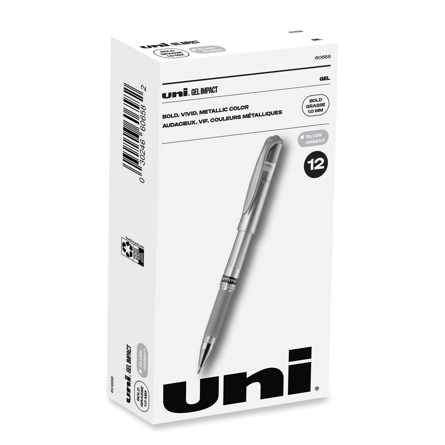 uni-ball IMPACT Gel Pen, Stick, Medium 1 mm, Silver Metallic Ink, Silver Barrel (60658)