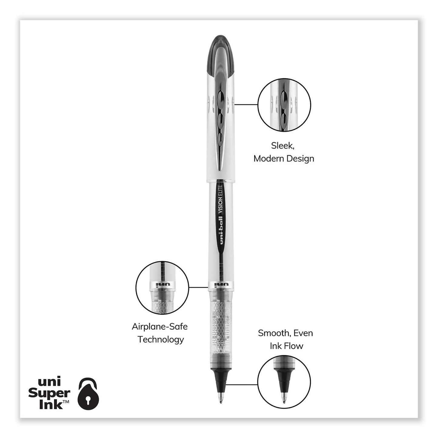 uni-ball VISION ELITE Hybrid Gel Pen, Stick, Bold 0.8 mm, Black Ink, White/Black/Clear Barrel (61231)