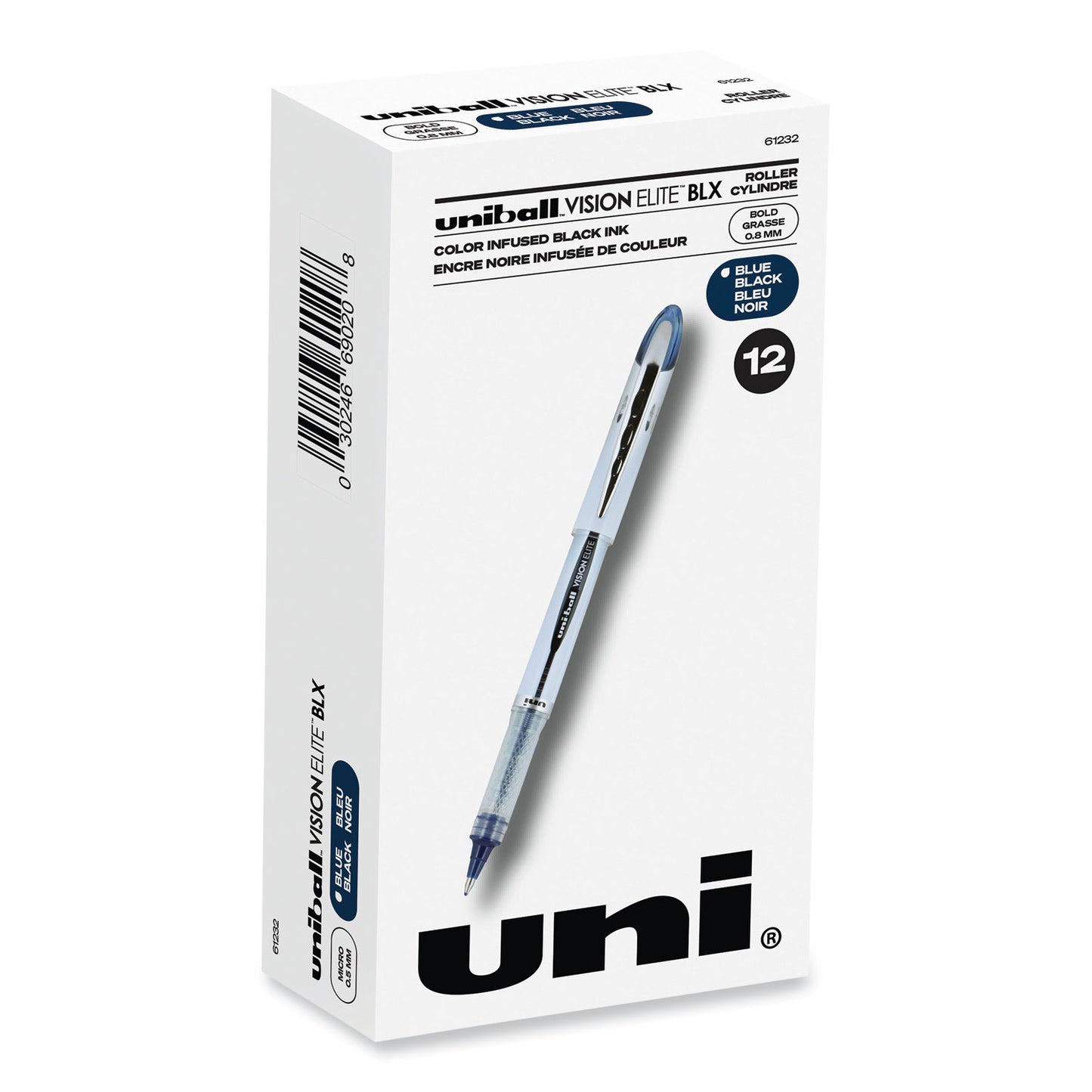 uni-ball VISION ELITE Hybrid Gel Pen, Stick, Bold 0.8 mm, Blue-Infused Black Ink, White/Blue/Clear Barrel (61232)