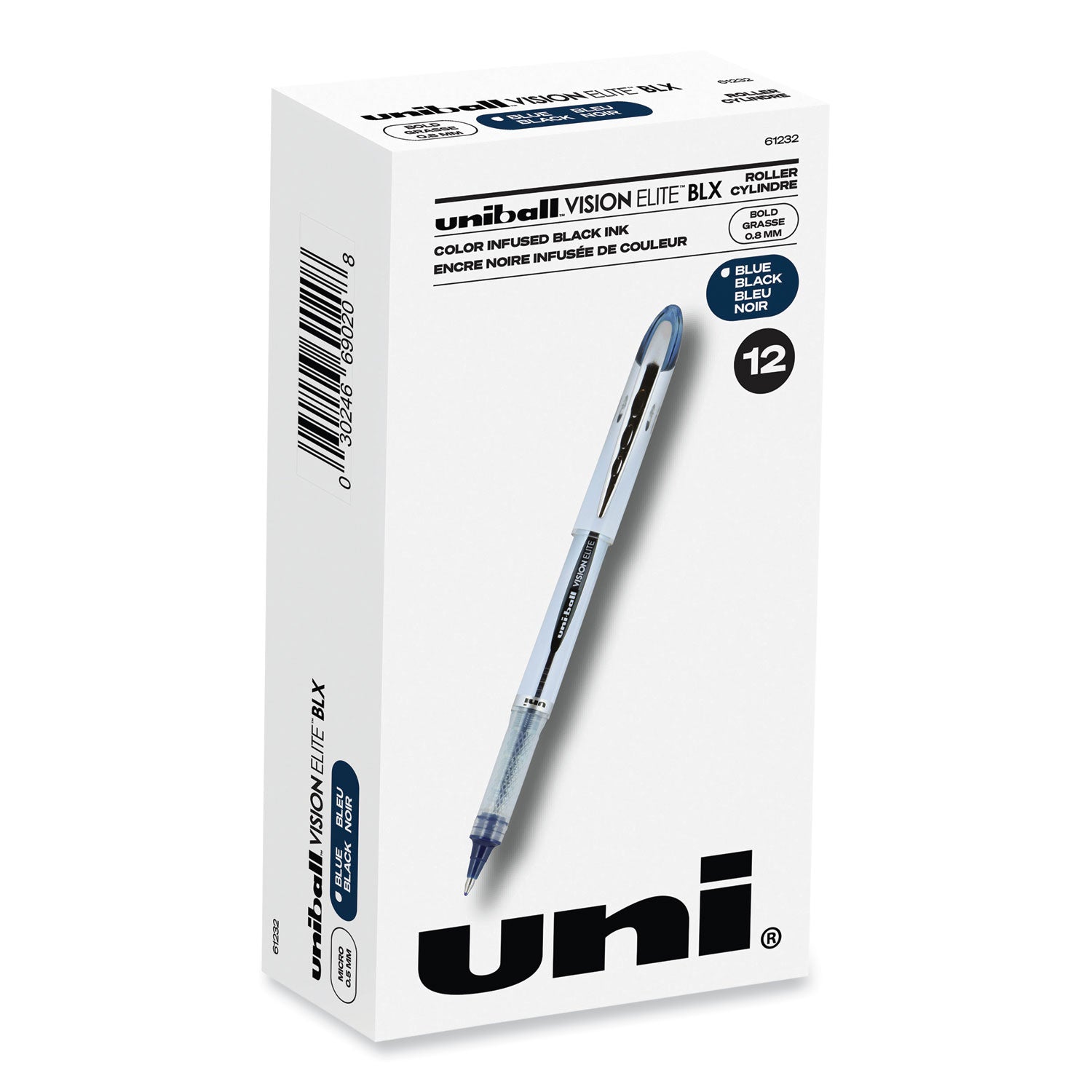 uni-ball VISION ELITE Hybrid Gel Pen, Stick, Bold 0.8 mm, Blue-Infused Black Ink, White/Blue/Clear Barrel (61232)