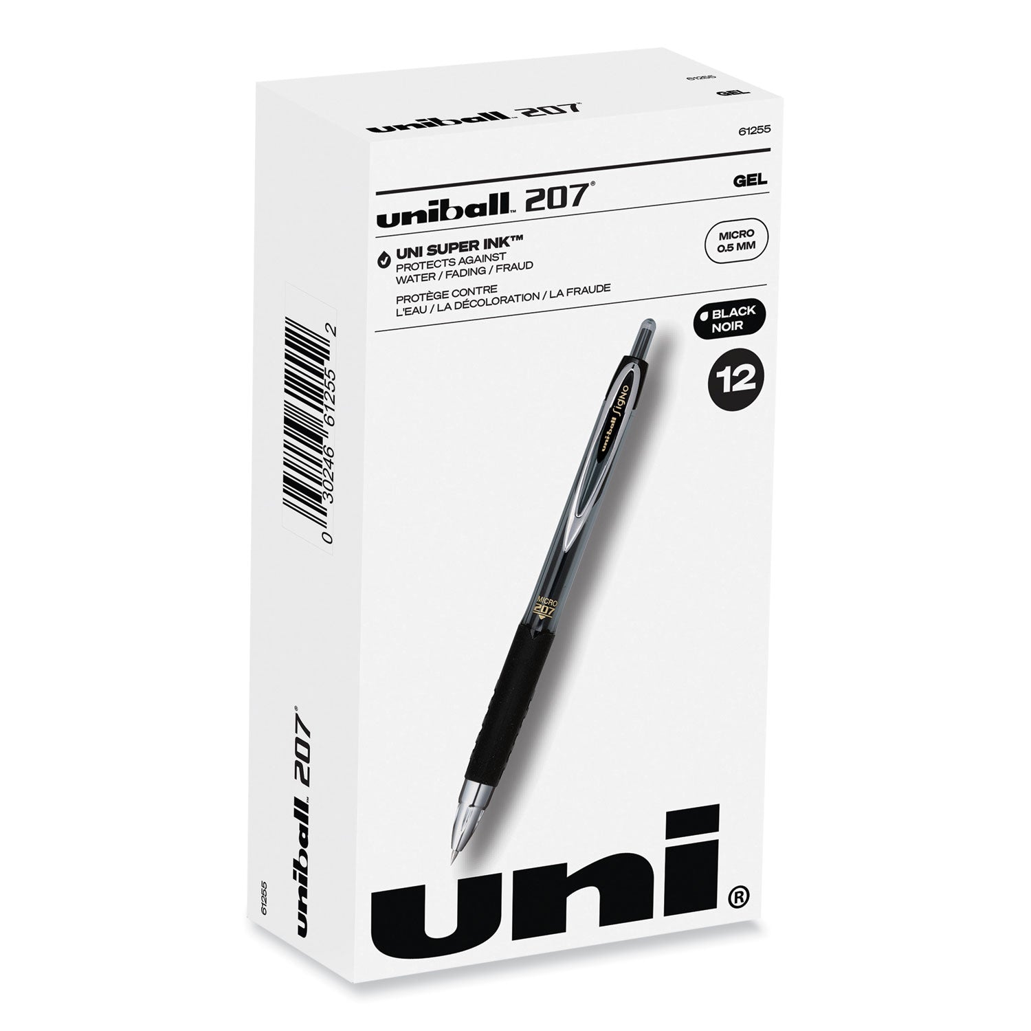 uni-ball Signo 207 Gel Pen, Retractable, Fine 0.5 mm, Black Ink, Smoke/Black Barrel, Dozen (61255)