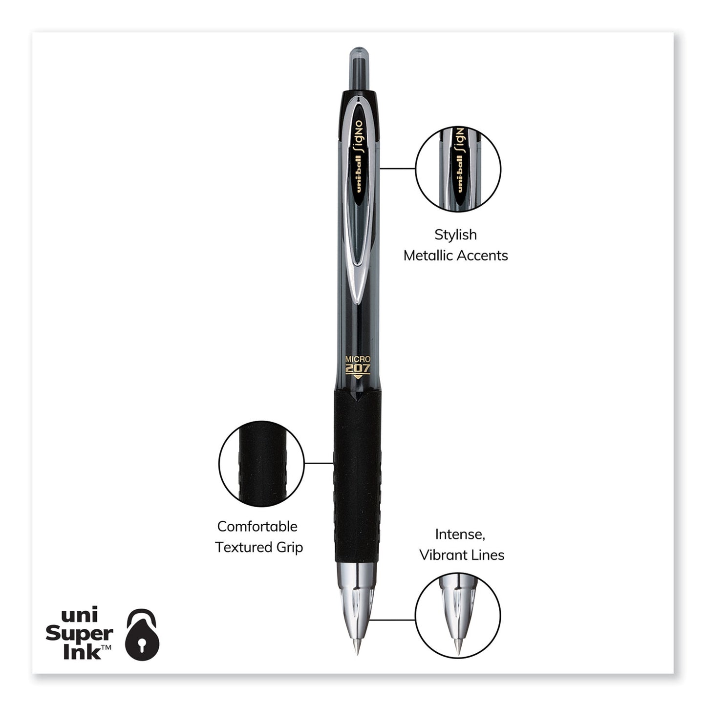 uni-ball Signo 207 Gel Pen, Retractable, Fine 0.5 mm, Black Ink, Smoke/Black Barrel, Dozen (61255)