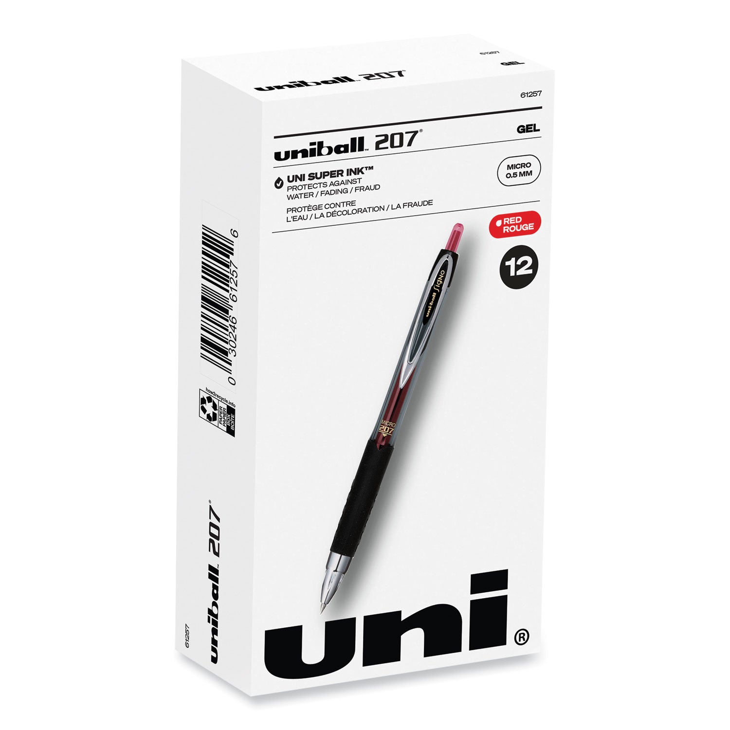 uni-ball Signo 207 Gel Pen, Retractable, Fine 0.5 mm, Red Ink, Smoke/Black/Red Barrel, Dozen (61257)