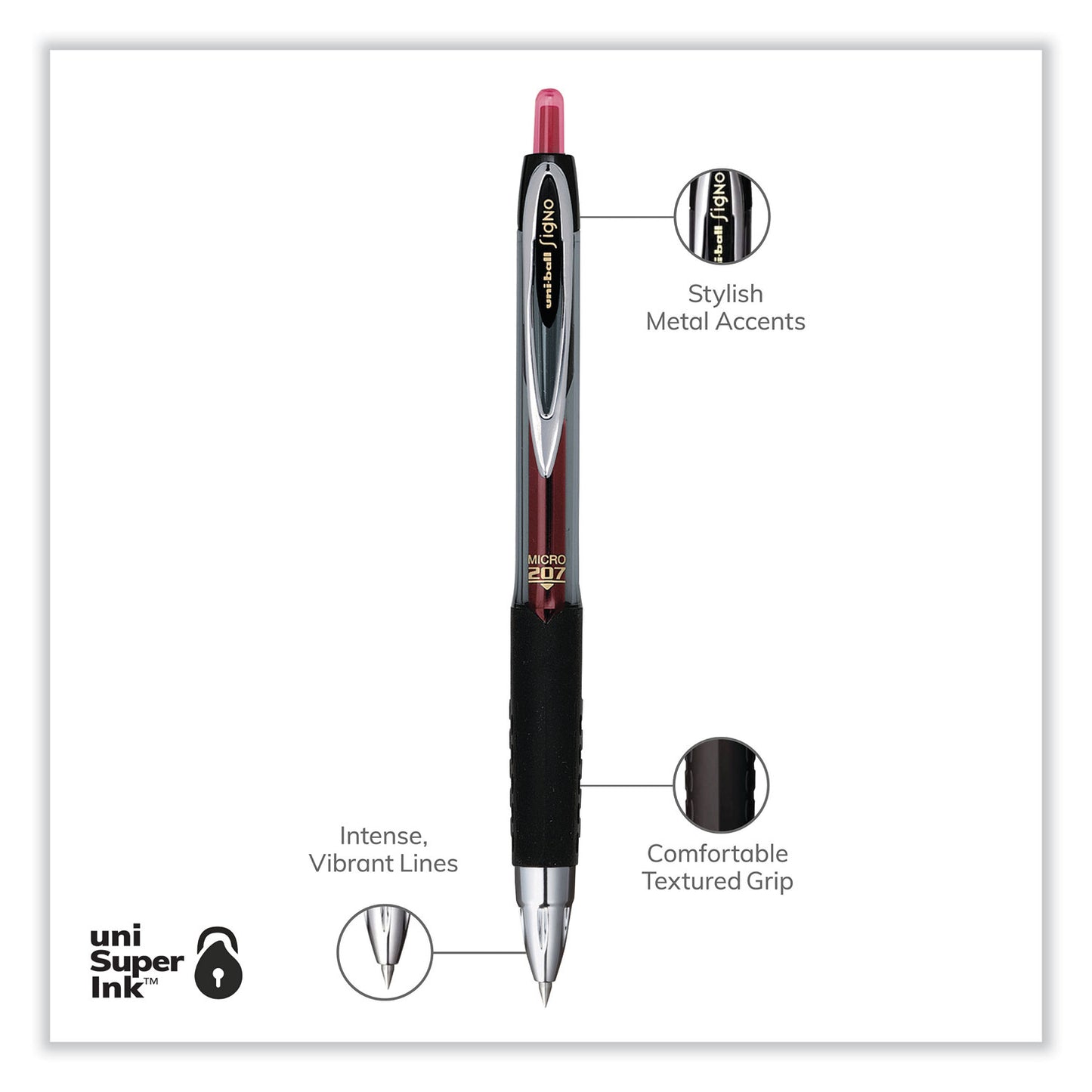 uni-ball Signo 207 Gel Pen, Retractable, Fine 0.5 mm, Red Ink, Smoke/Black/Red Barrel, Dozen (61257)